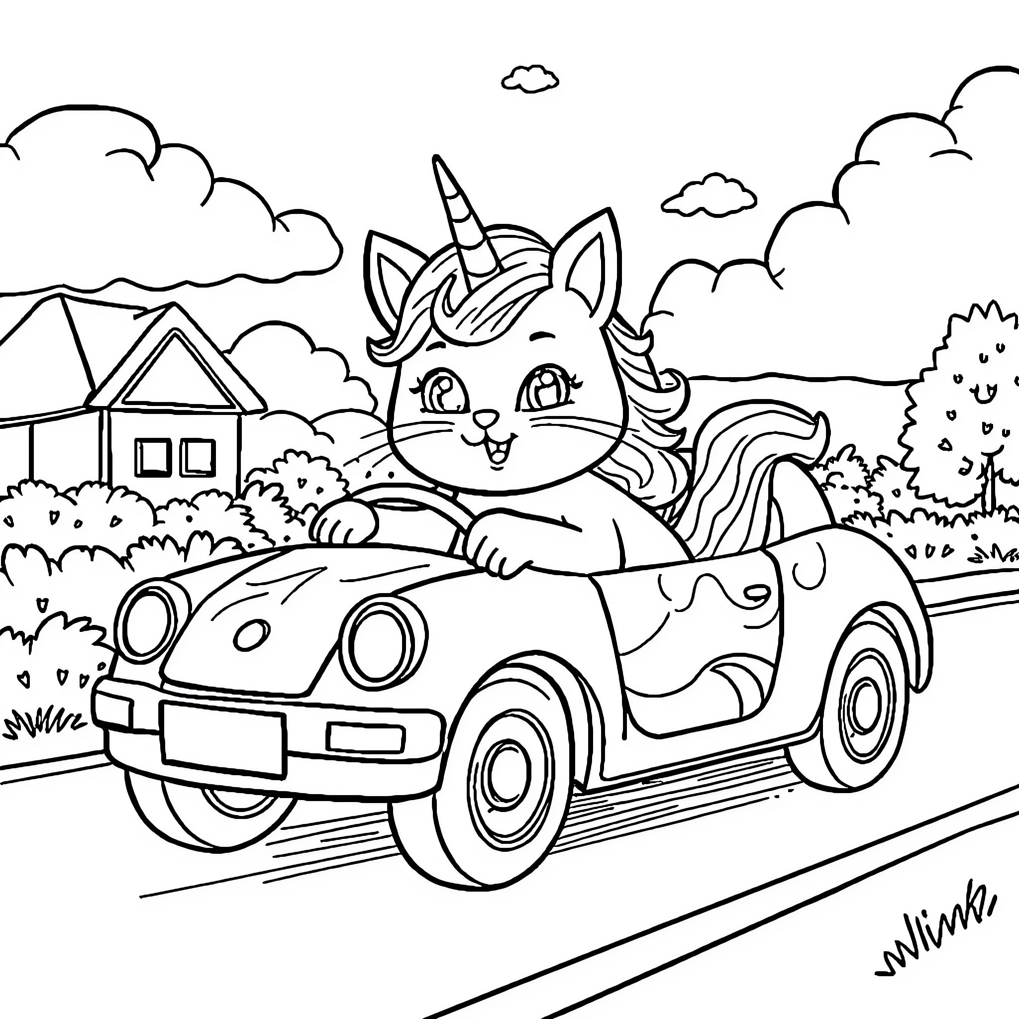 Unicorn Cat driving a colorful car in the countryside Coloring Page (free black-and-white line drawing printable PDF for all, from beginners to advanced learners, including children, teens, adults, and seniors)