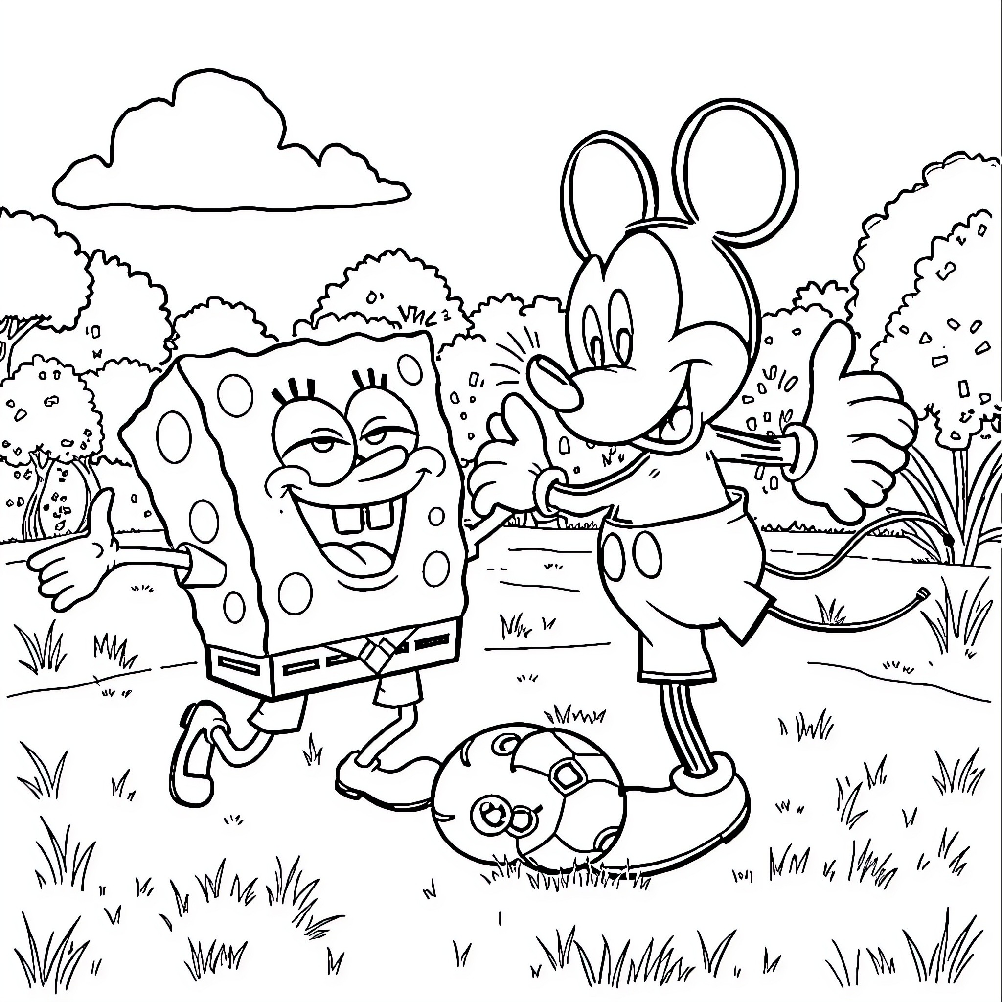 Spongebob and Mickey Mouse playing in a cartoon landscape Coloring Page (free black-and-white line drawing printable PDF for all, from beginners to advanced learners, including children, teens, adults, and seniors)