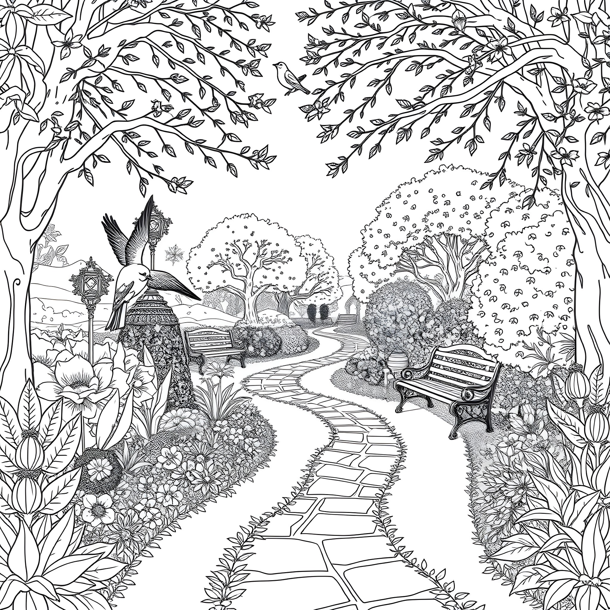 Garden Scene with Floral Pathway and Whimsical Elements Coloring Page (free black-and-white line drawing printable PDF for all, from beginners to advanced learners, including children, teens, adults, and seniors)