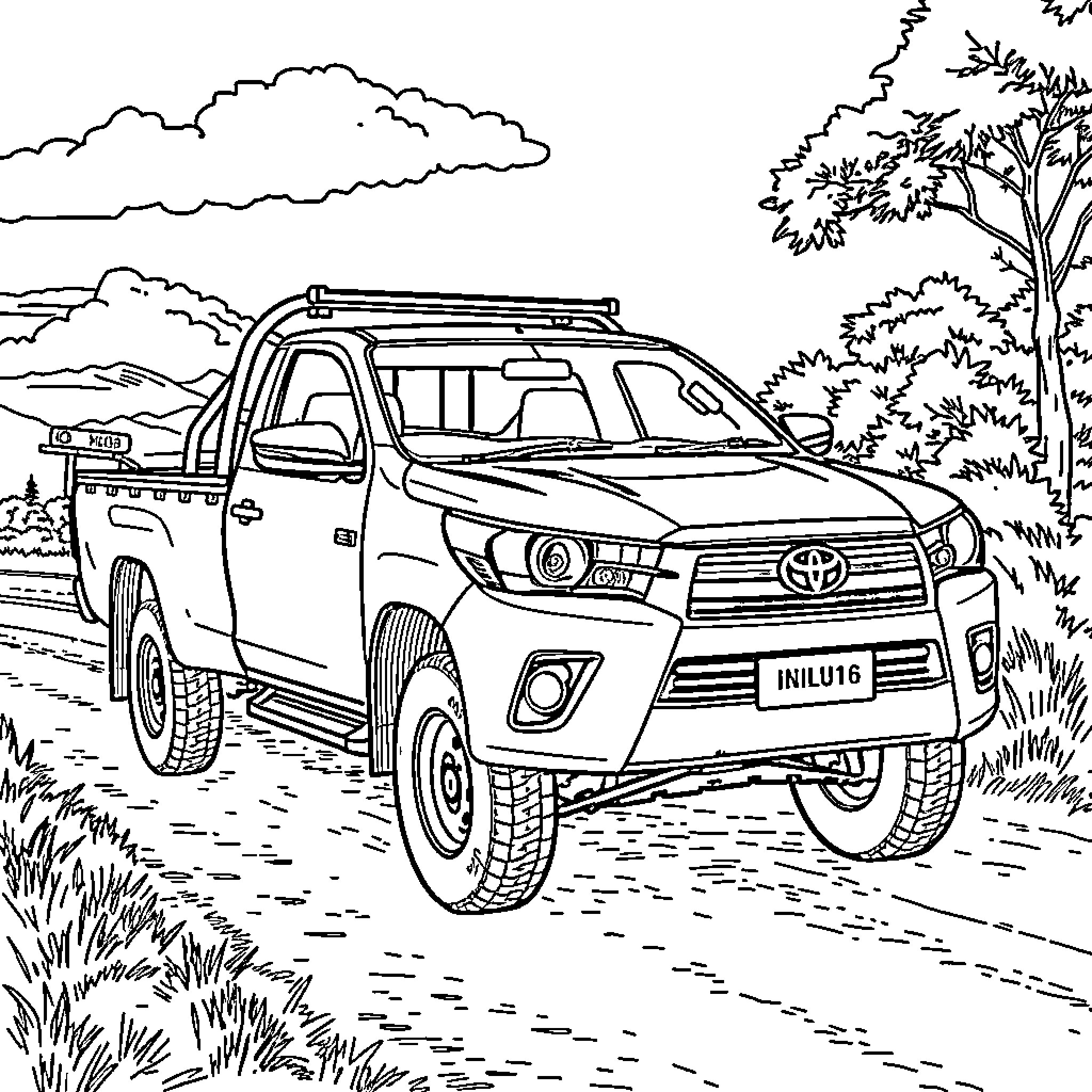 Hilux truck exploring the rugged outdoors Coloring Page (free black-and-white line drawing printable PDF for all, from beginners to advanced learners, including children, teens, adults, and seniors)