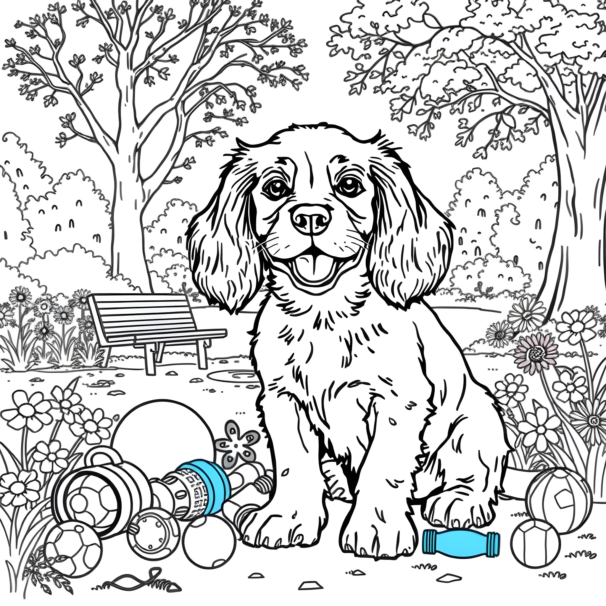 Cocker Spaniel playing with toys in the park Coloring Page (free black-and-white line drawing printable PDF for all, from beginners to advanced learners, including children, teens, adults, and seniors)
