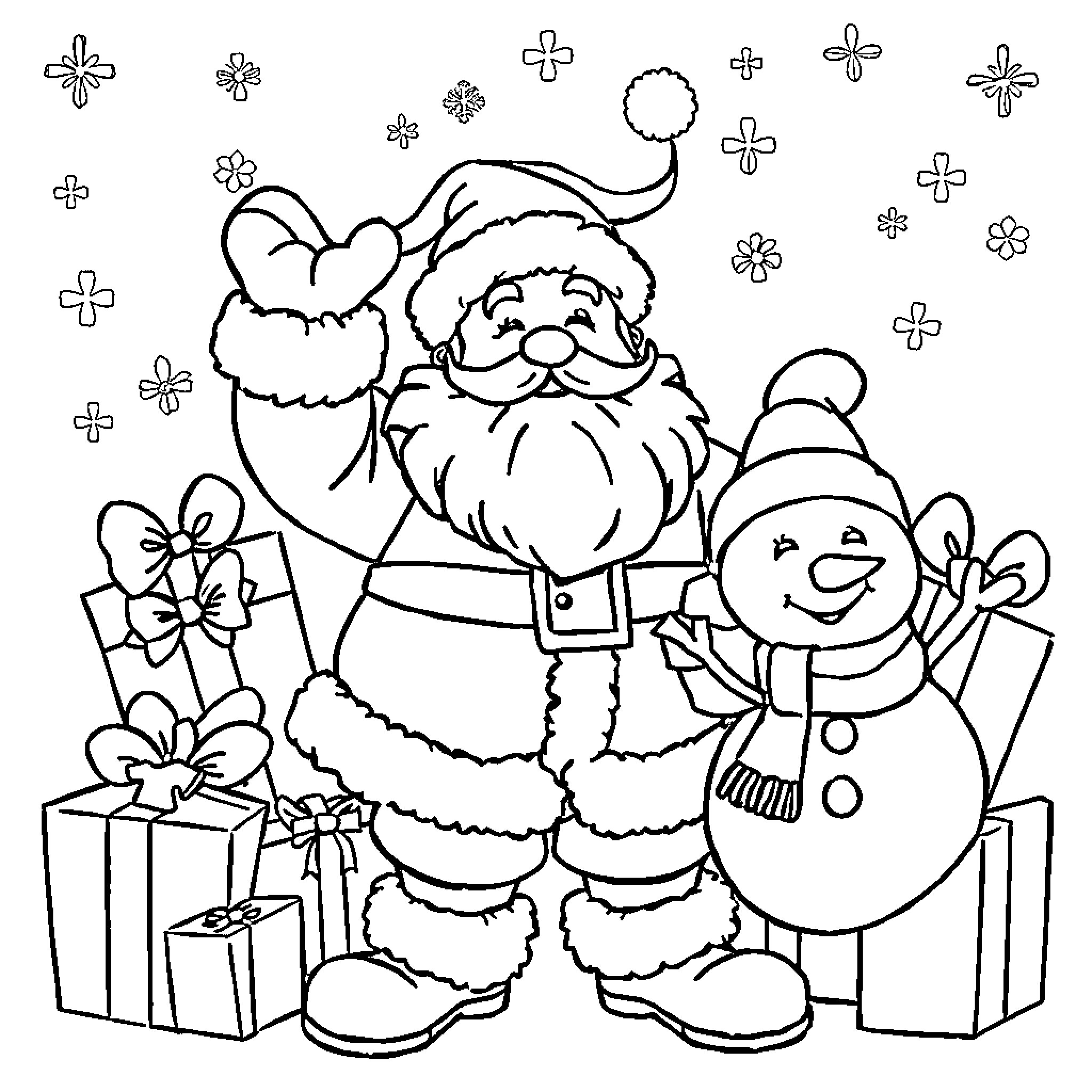 Père Noël and snowman enjoying holiday gifts Coloring Page (free black-and-white line drawing printable PDF for all, from beginners to advanced learners, including children, teens, adults, and seniors)