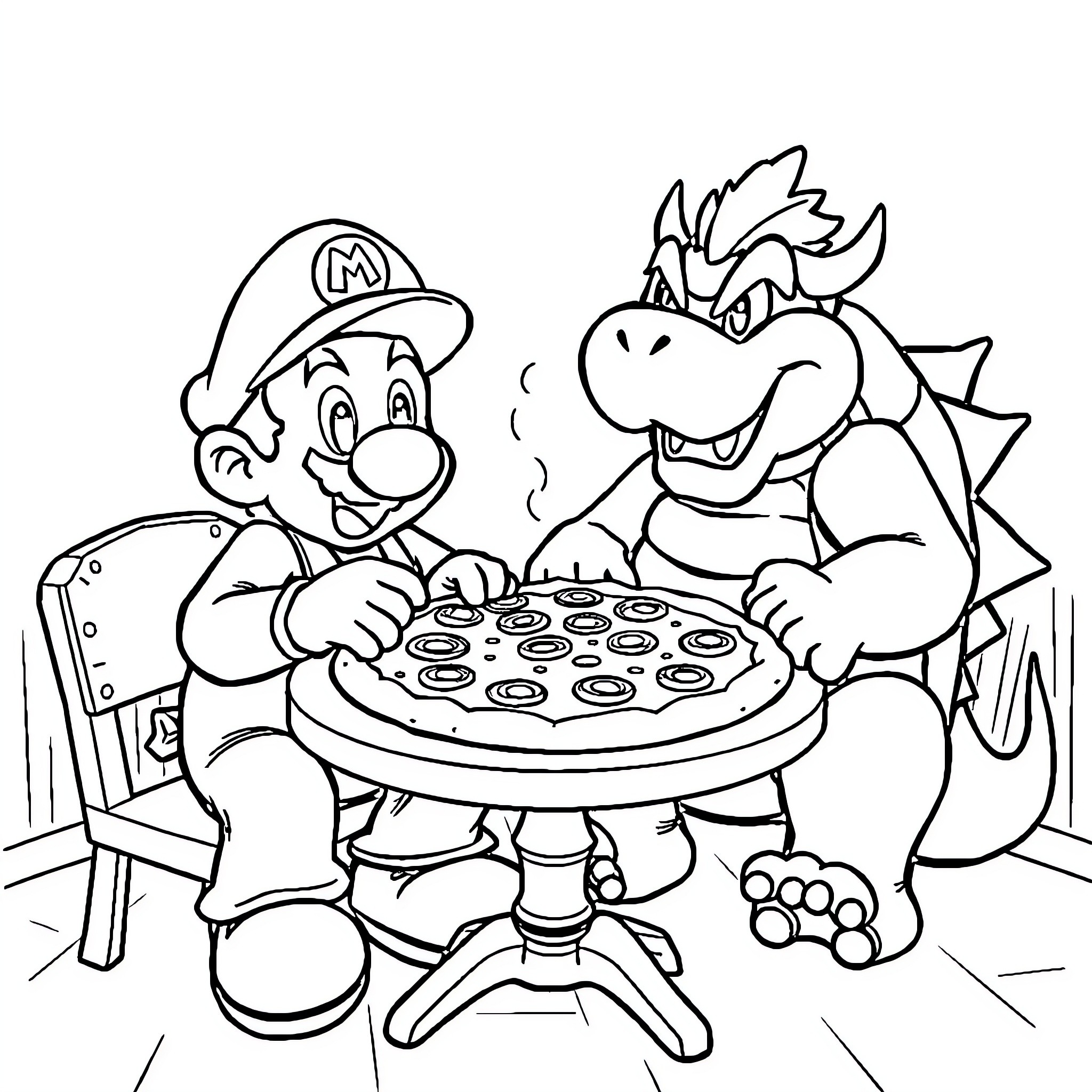 Mario sharing pizza with a friendly dinosaur Coloring Page (free black-and-white line drawing printable PDF for all, from beginners to advanced learners, including children, teens, adults, and seniors)