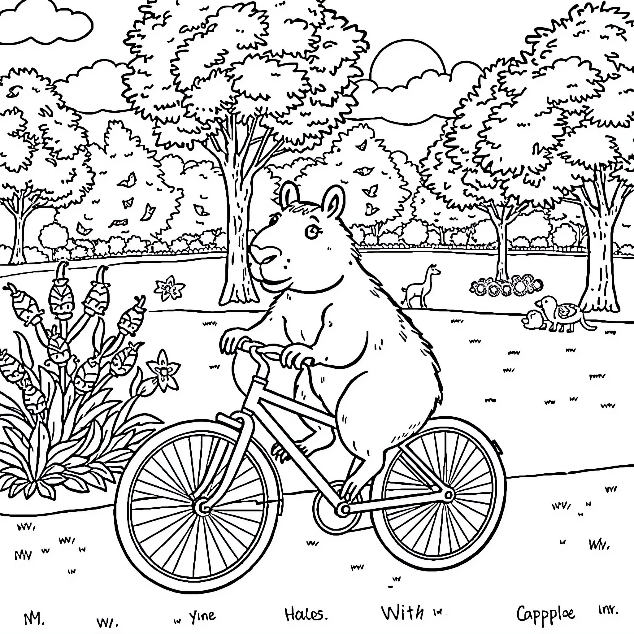 Capybara Riding a Bicycle Through a Whimsical Forest Coloring Page (free black-and-white line drawing printable PDF for all, from beginners to advanced learners, including children, teens, adults, and seniors)