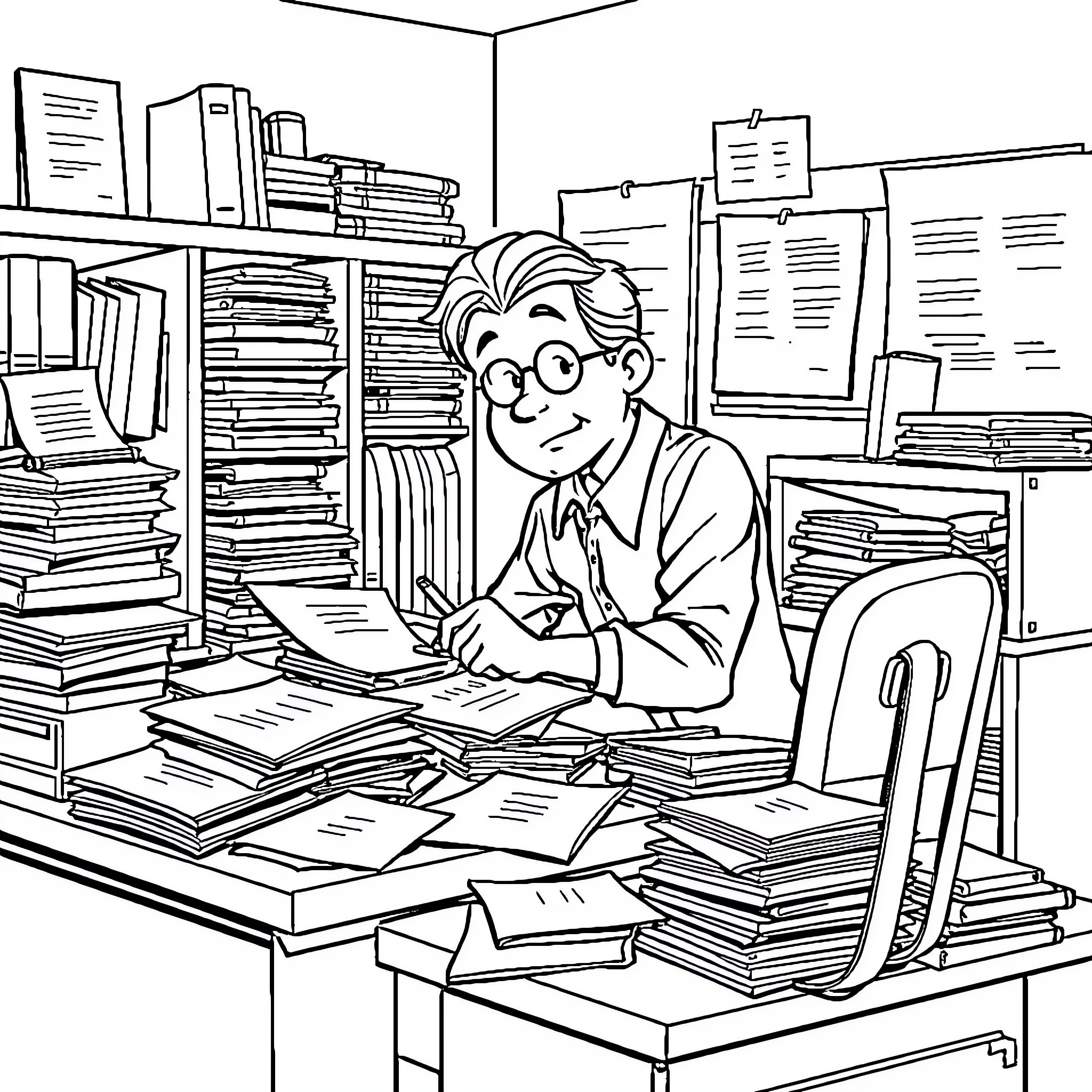 Teacher working diligently in a cluttered office Coloring Page (free black-and-white line drawing printable PDF for all, from beginners to advanced learners, including children, teens, adults, and seniors)
