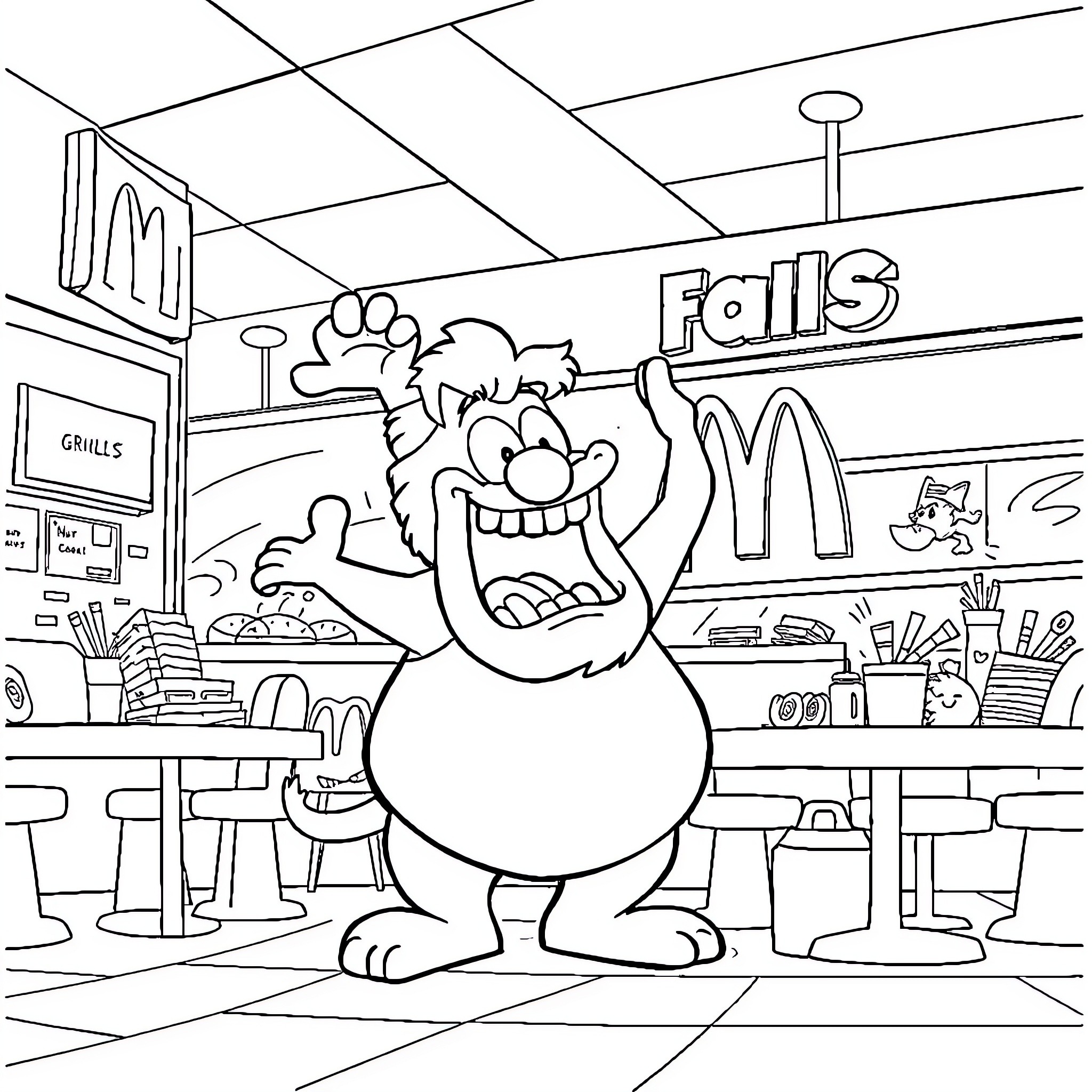 Grimace's amusing antics in the diner Coloring Page (free black-and-white line drawing printable PDF for all, from beginners to advanced learners, including children, teens, adults, and seniors)