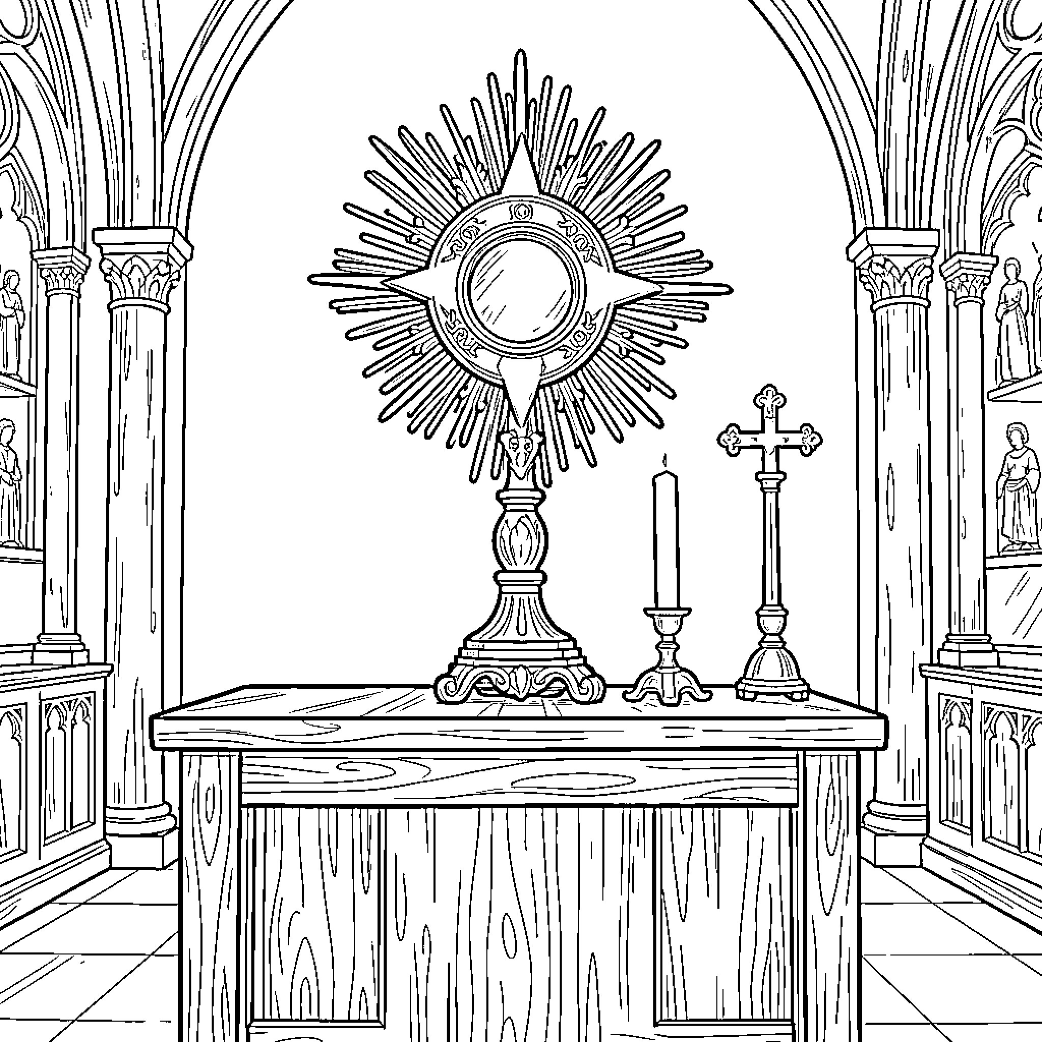Monstrance resting on an altar inside a cathedral Coloring Page (free black-and-white line drawing printable PDF for all, from beginners to advanced learners, including children, teens, adults, and seniors)