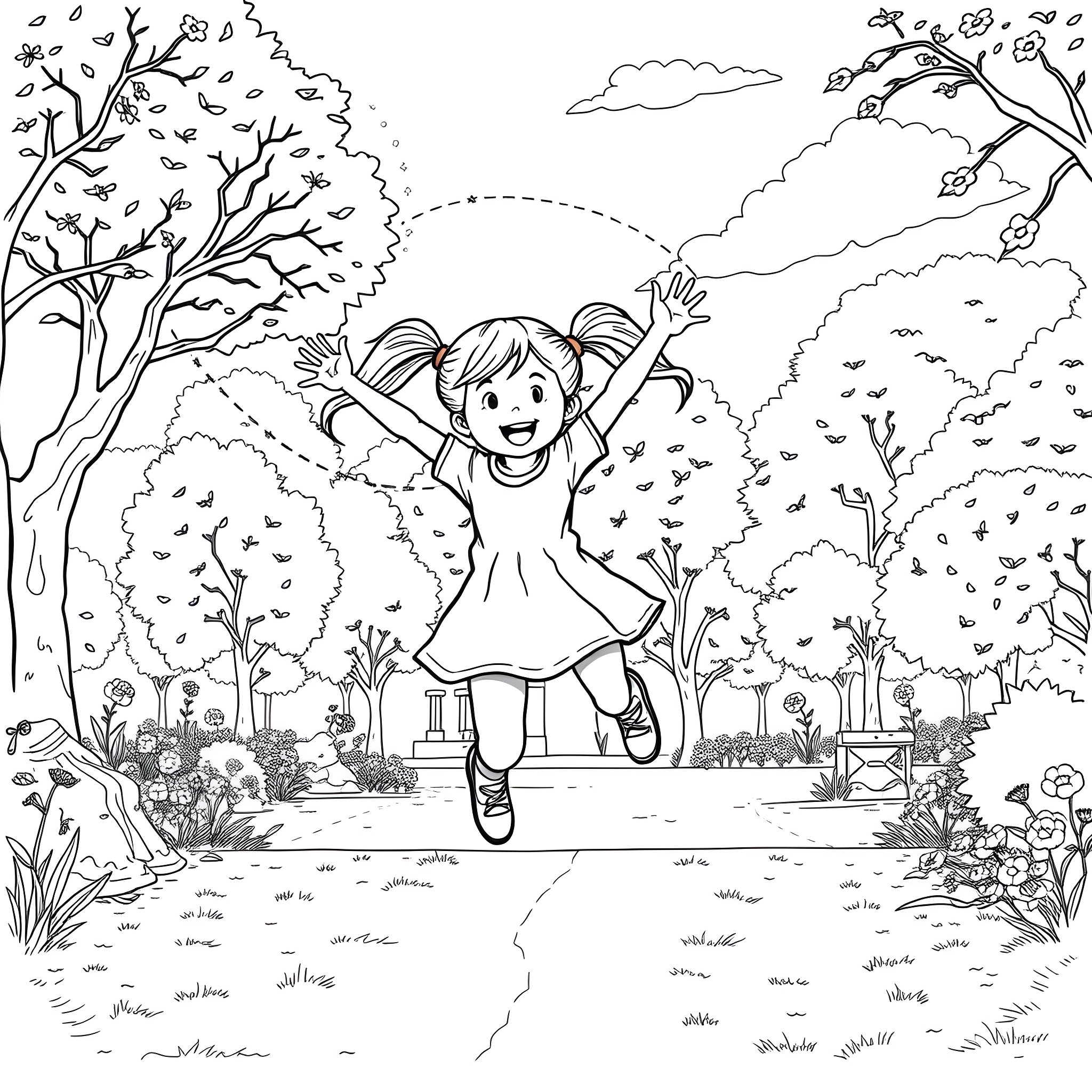 Girl joyfully running through an autumn forest Coloring Page (free black-and-white line drawing printable PDF for all, from beginners to advanced learners, including children, teens, adults, and seniors)
