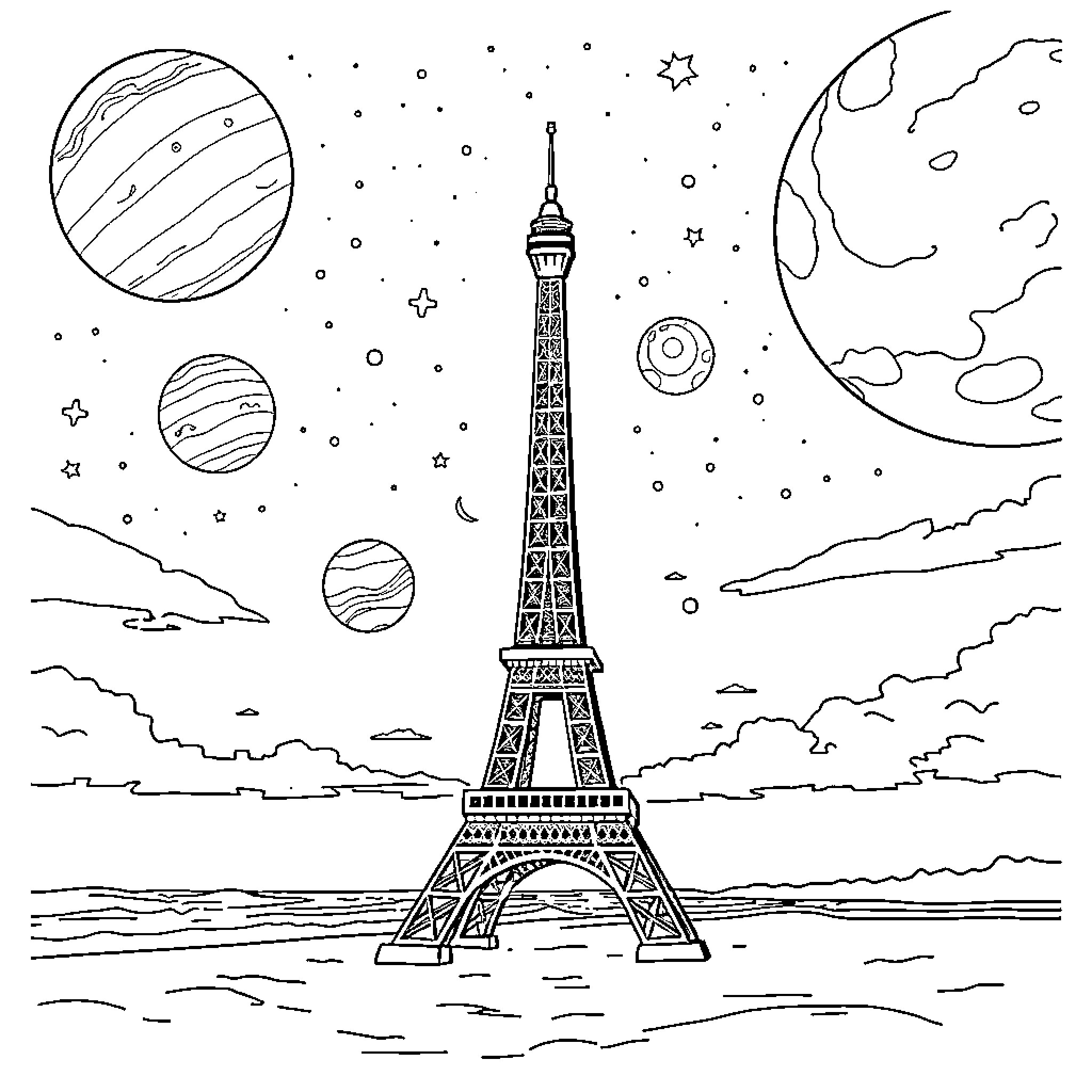 Eiffel Tower amid celestial landscapes Coloring Page (free black-and-white line drawing printable PDF for all, from beginners to advanced learners, including children, teens, adults, and seniors)