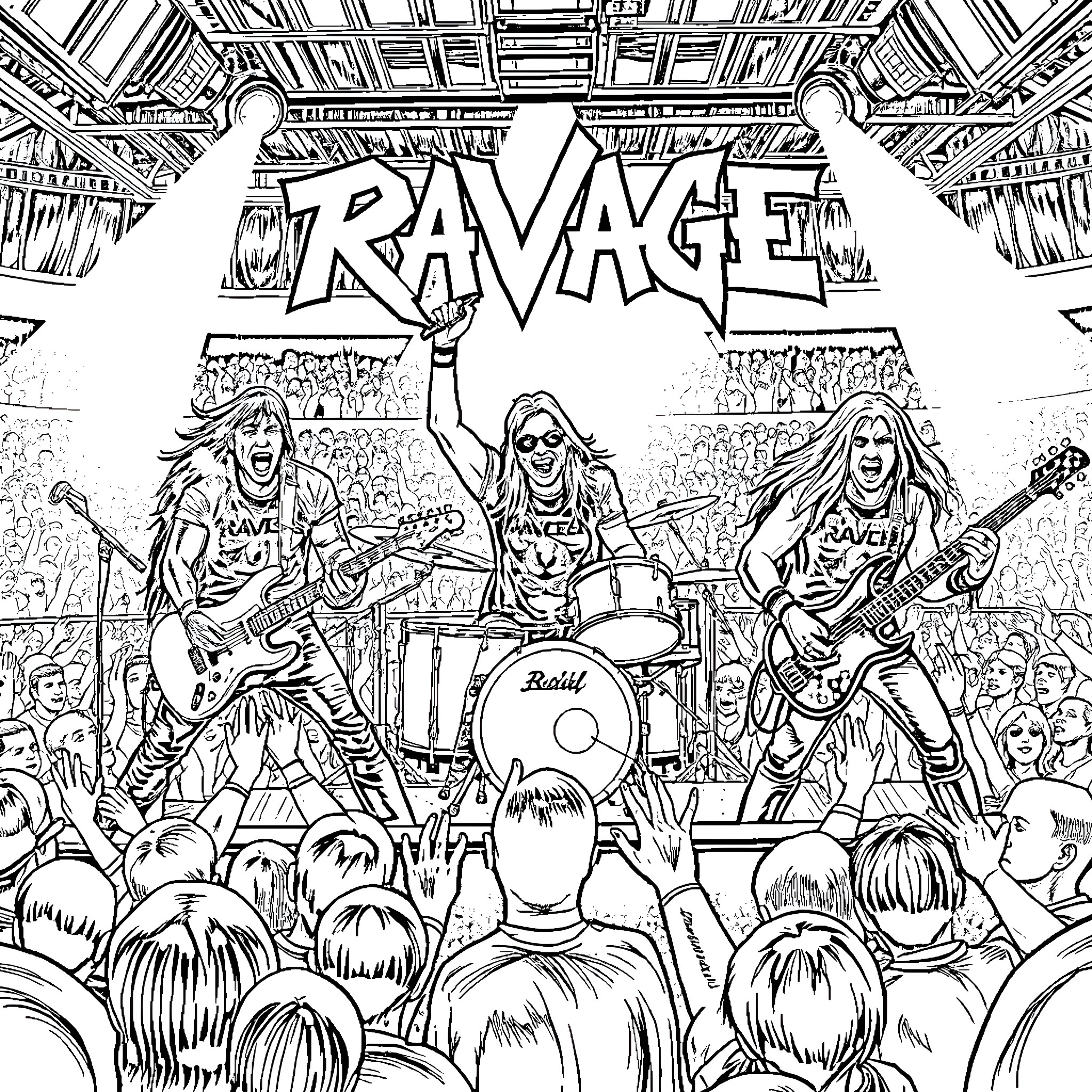 Band performing energetic rock show for enthusiastic crowd Coloring Page (free black-and-white line drawing printable PDF for all, from beginners to advanced learners, including children, teens, adults, and seniors)
