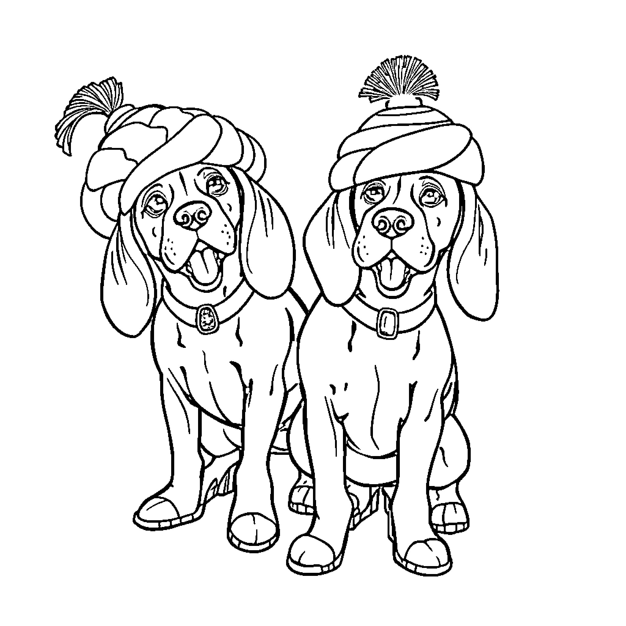 Beagles Wearing Festive Hats and Outfits Coloring Page (free black-and-white line drawing printable PDF for all, from beginners to advanced learners, including children, teens, adults, and seniors)