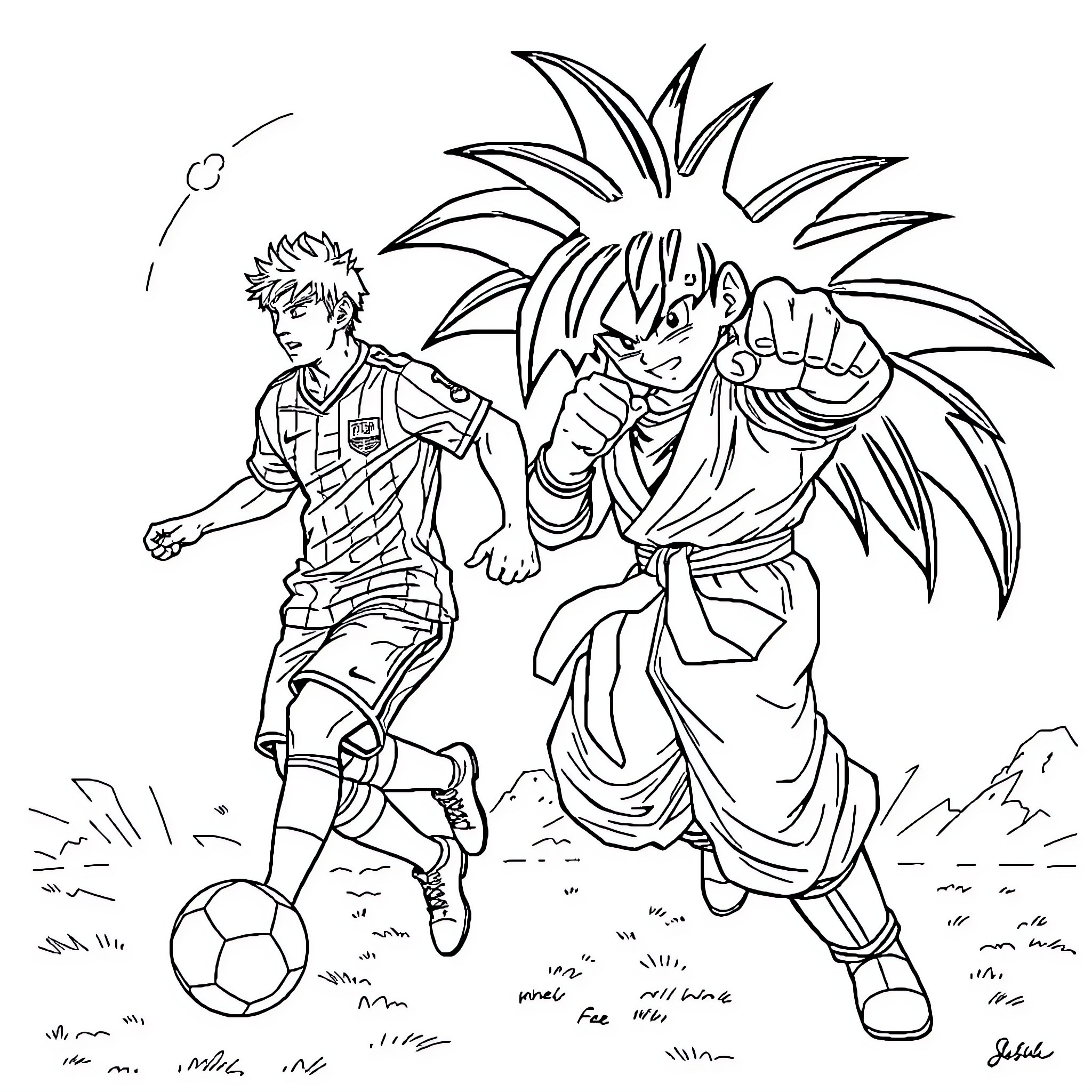 Messi and Goku playing soccer in the outdoors Coloring Page (free black-and-white line drawing printable PDF for all, from beginners to advanced learners, including children, teens, adults, and seniors)