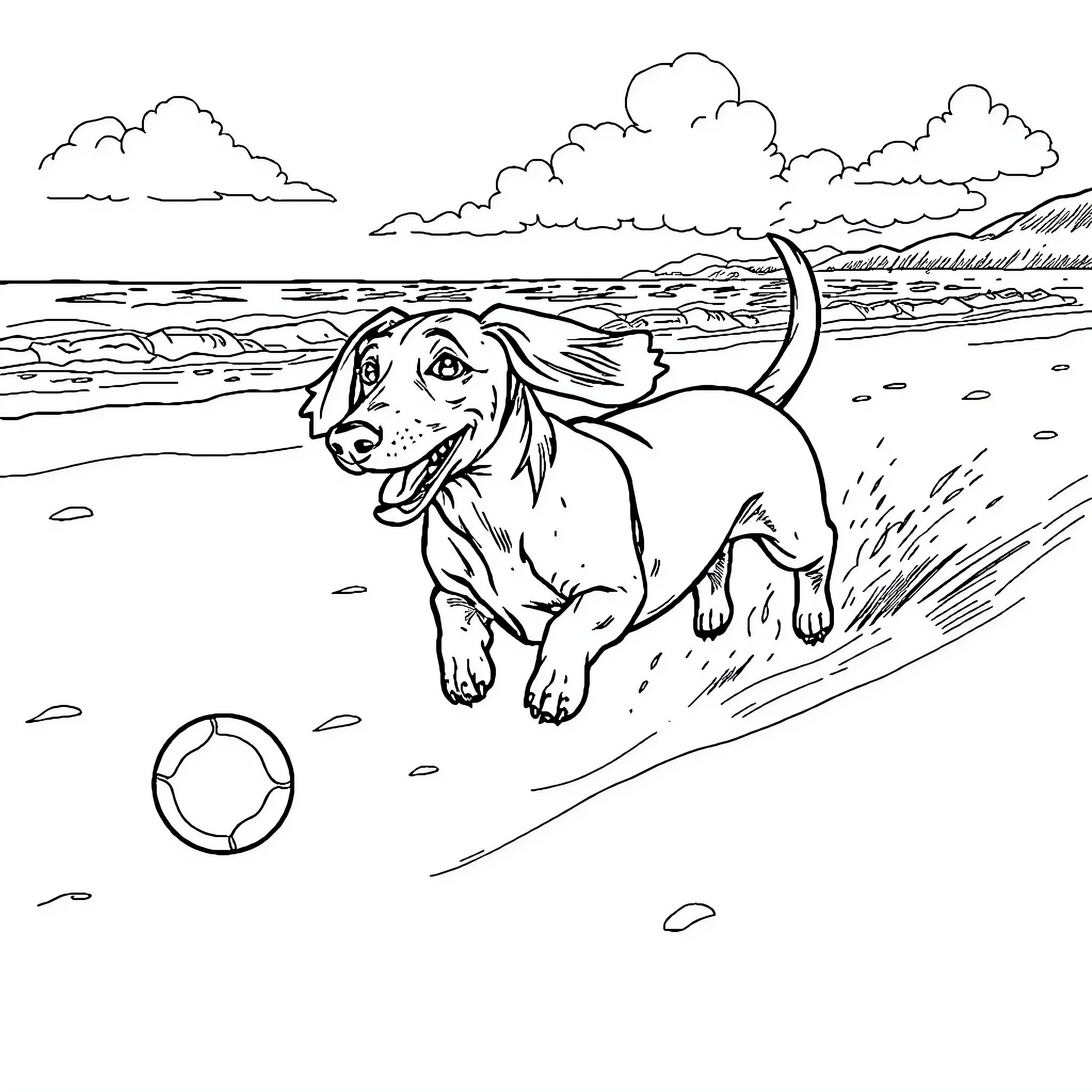 Dachshund chasing ball on the beach Coloring Page (free black-and-white line drawing printable PDF for all, from beginners to advanced learners, including children, teens, adults, and seniors)