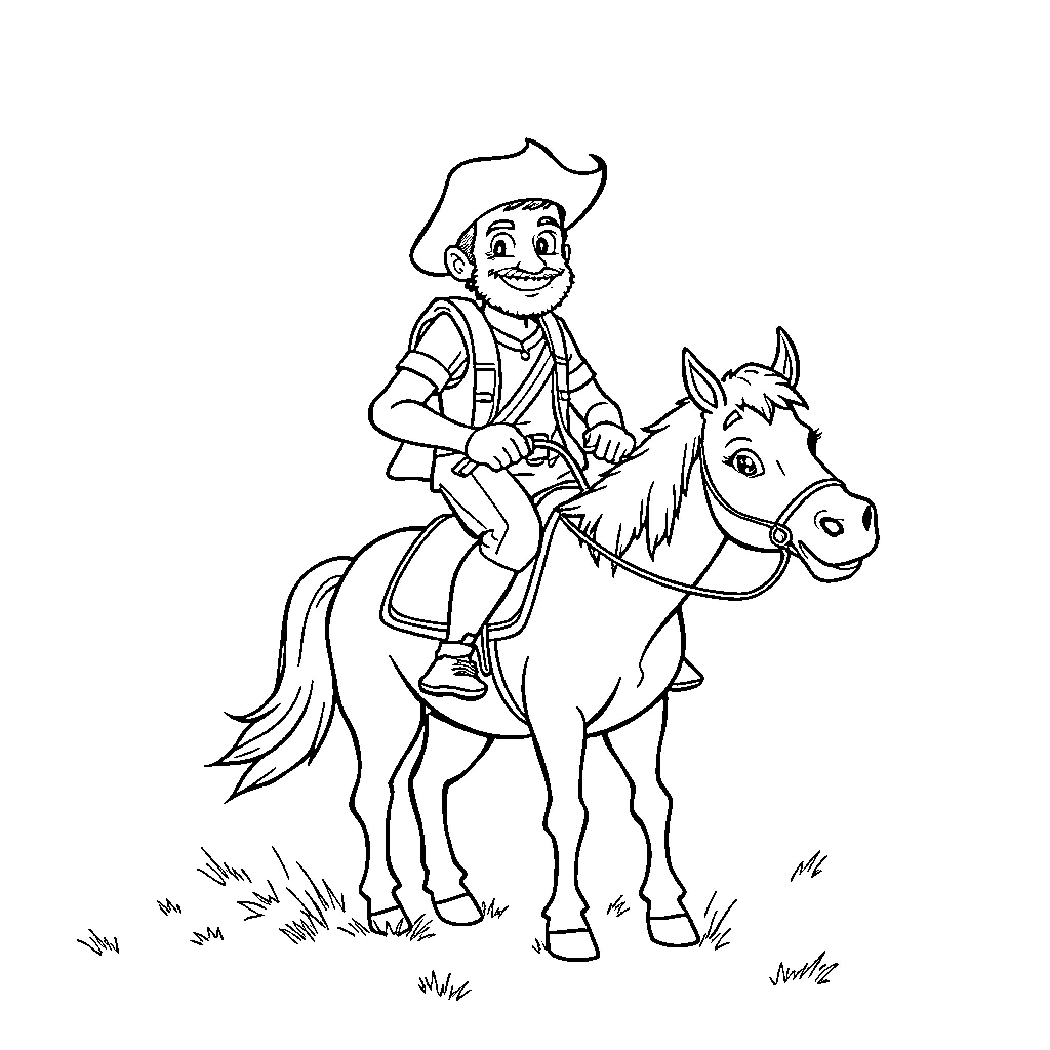 Badman rides happily on a horse in the countryside Coloring Page (free black-and-white line drawing printable PDF for all, from beginners to advanced learners, including children, teens, adults, and seniors)