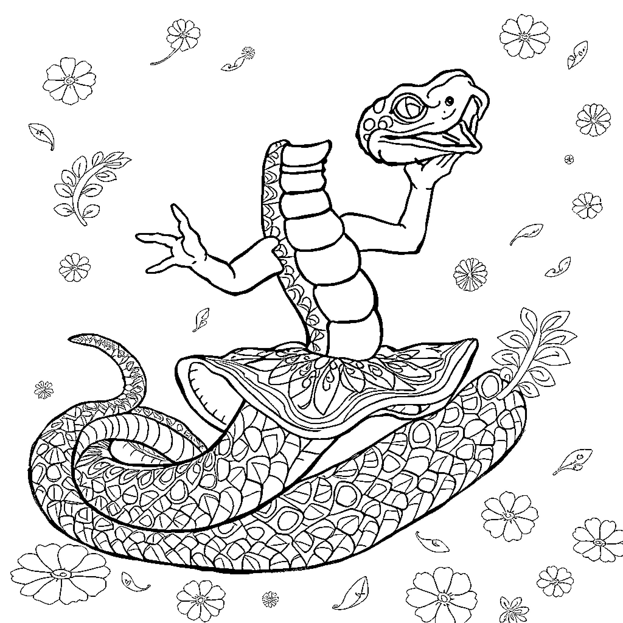 Snake dancing gracefully amid flowers Coloring Page (free black-and-white line drawing printable PDF for all, from beginners to advanced learners, including children, teens, adults, and seniors)