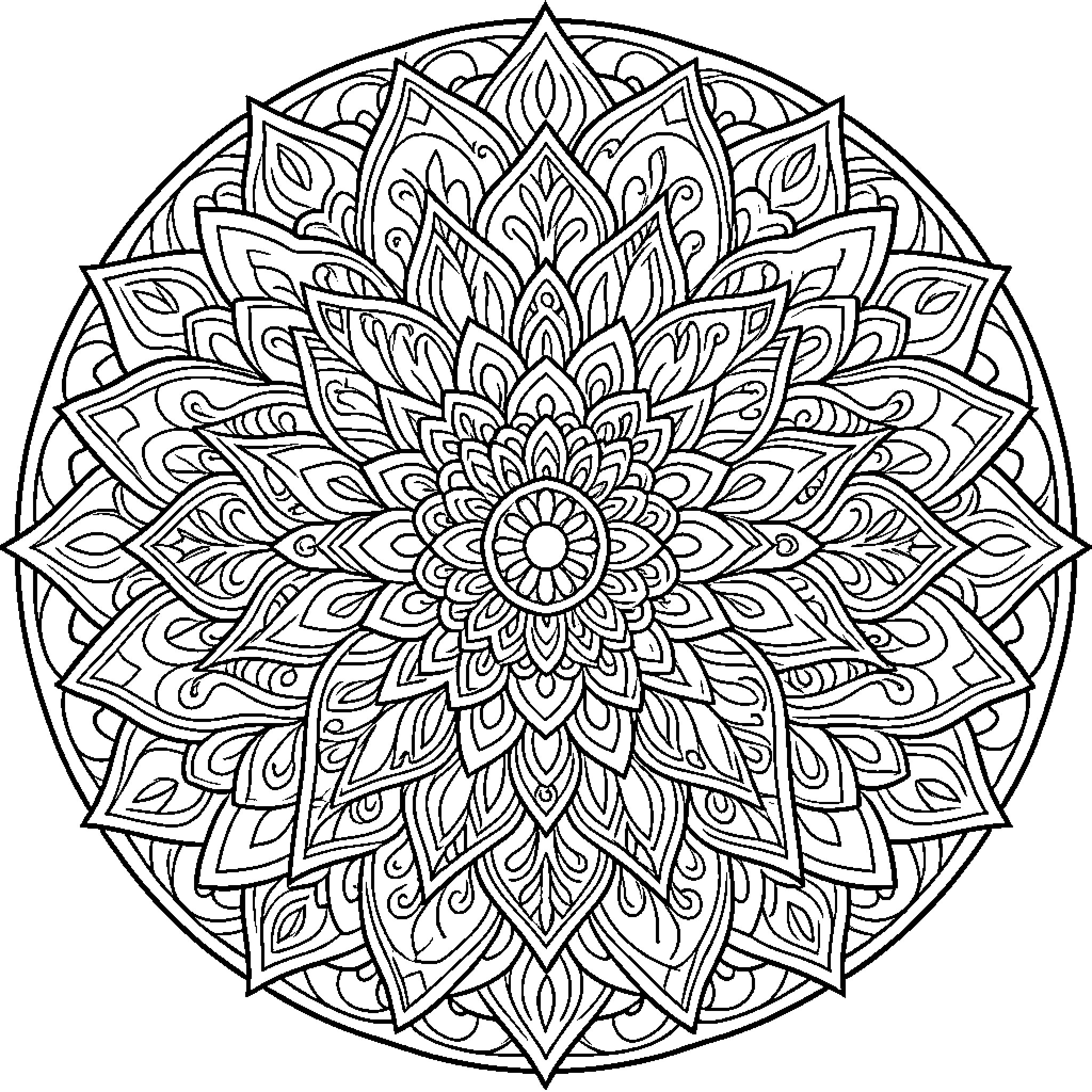 Mandala of intricate floral patterns Coloring Page (free black-and-white line drawing printable PDF for all, from beginners to advanced learners, including children, teens, adults, and seniors)