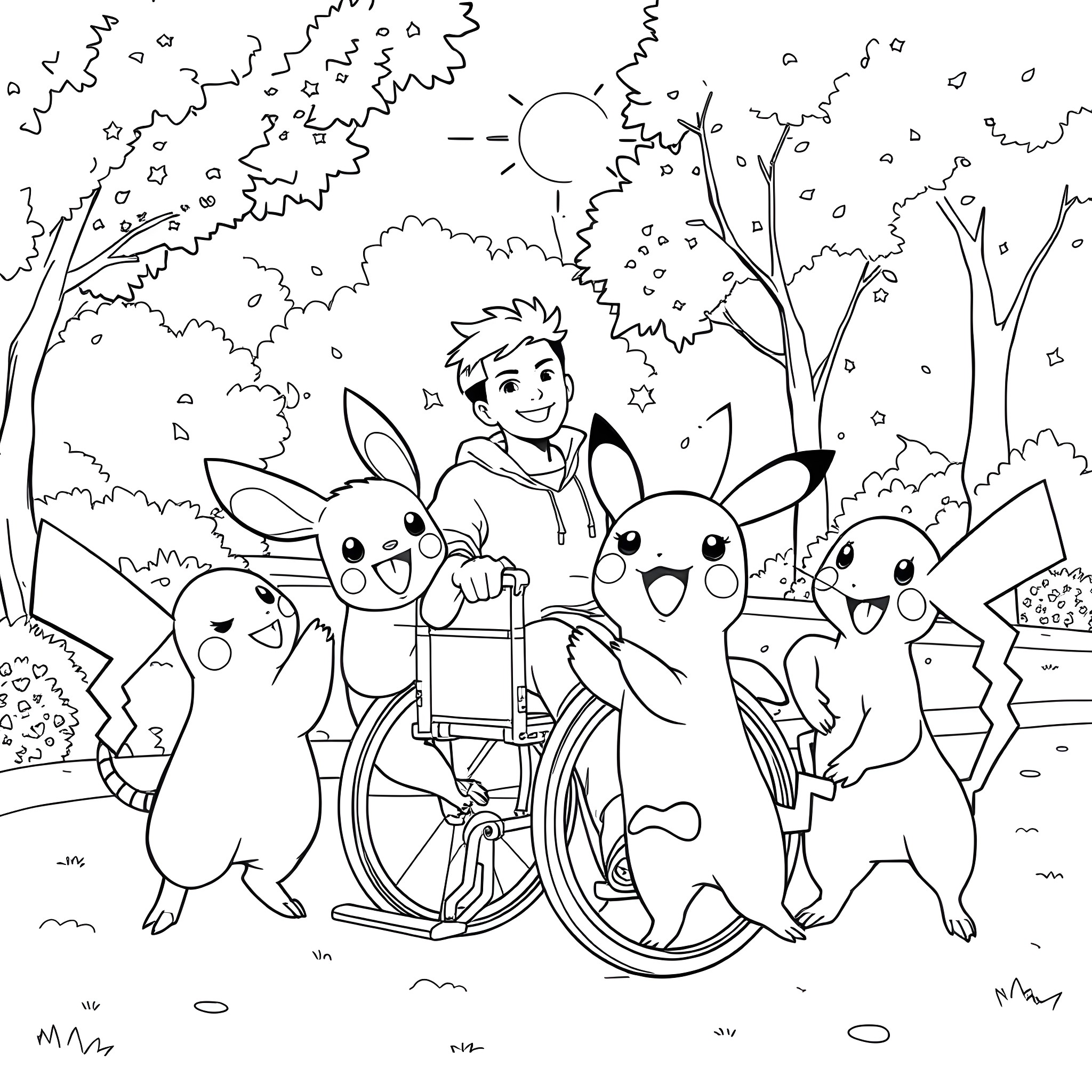 Pokémon characters having a fun adventure outdoors Coloring Page (free black-and-white line drawing printable PDF for all, from beginners to advanced learners, including children, teens, adults, and seniors)