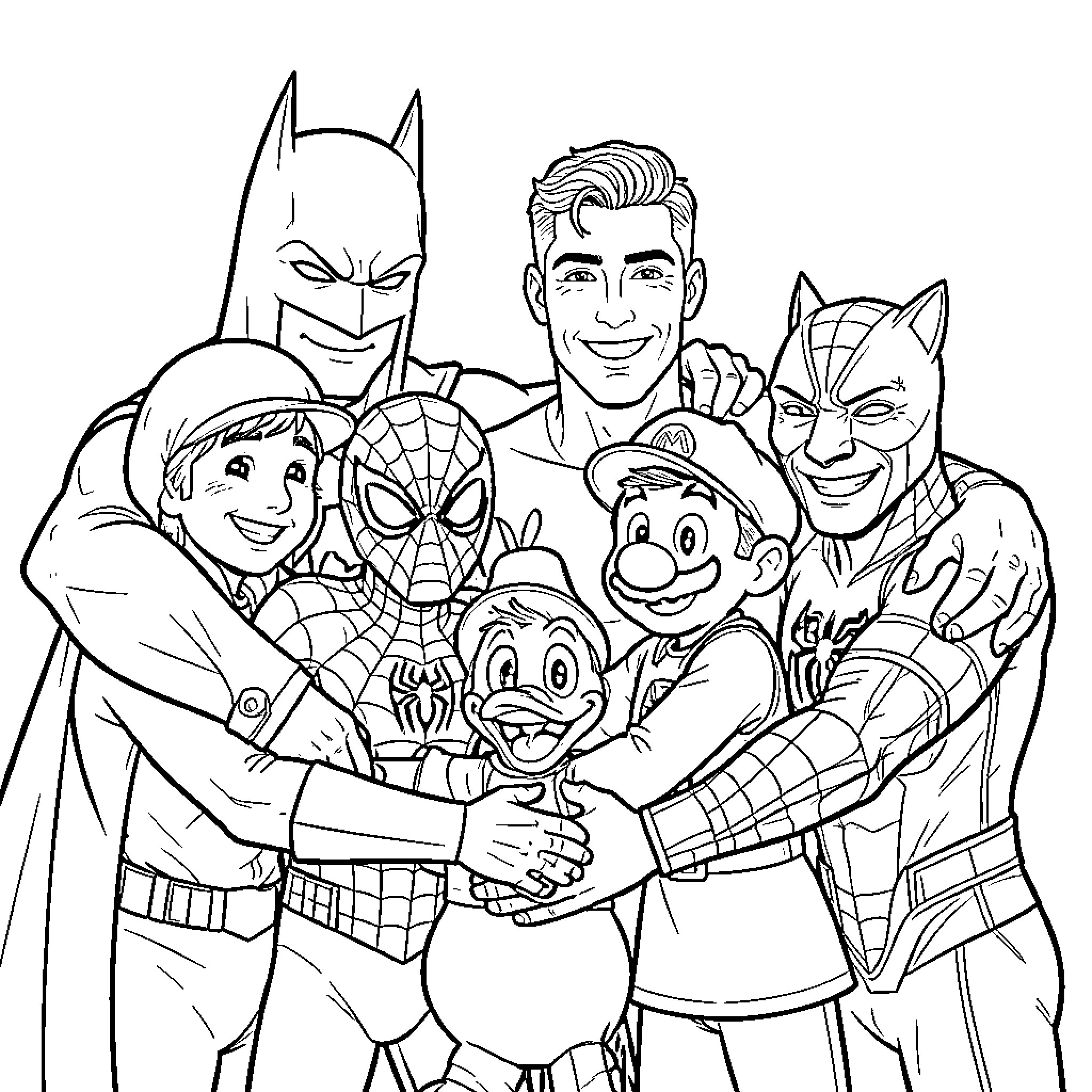 Character group portrait of superheroes in action poses Coloring Page (free black-and-white line drawing printable PDF for all, from beginners to advanced learners, including children, teens, adults, and seniors)