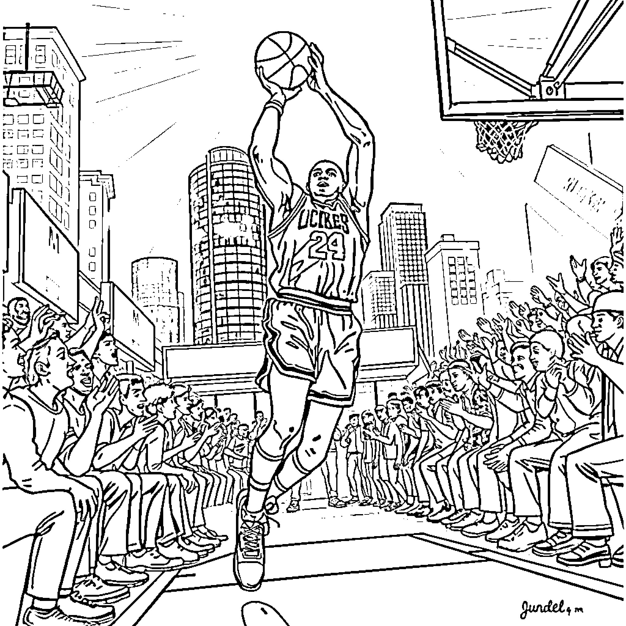Michael Jordan performing slam dunk in basketball court Coloring Page (free black-and-white line drawing printable PDF for all, from beginners to advanced learners, including children, teens, adults, and seniors)