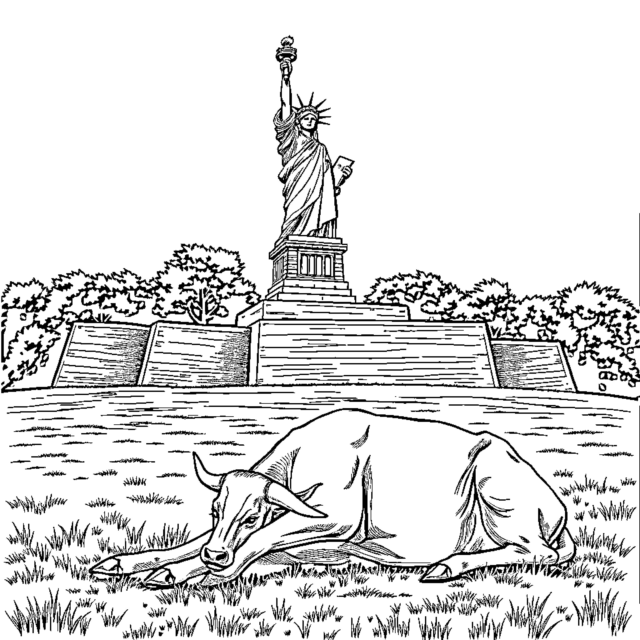 Bull grazing peacefully near the Statue of Liberty Coloring Page (free black-and-white line drawing printable PDF for all, from beginners to advanced learners, including children, teens, adults, and seniors)