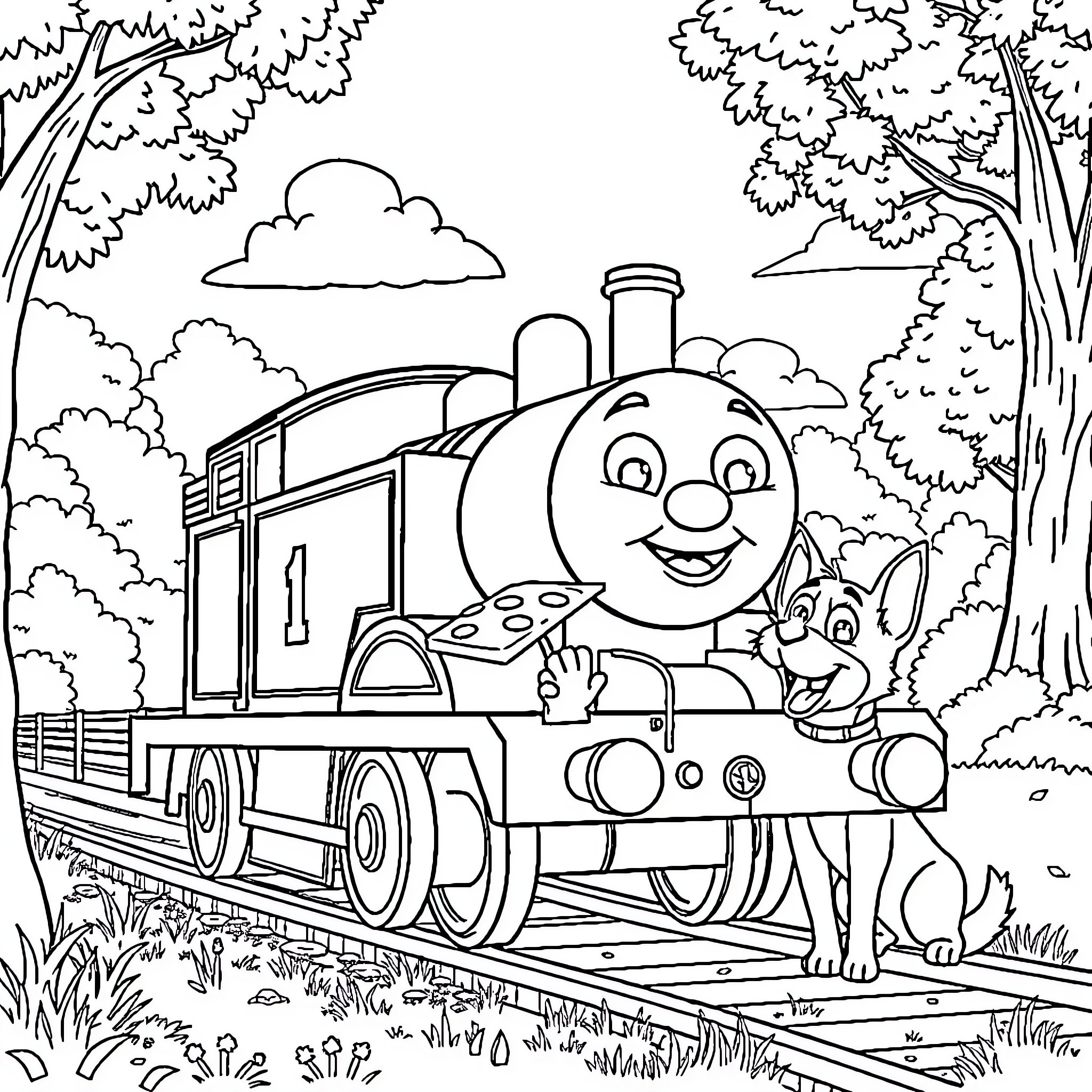 Thomas the Train Engine Happily Journeying Through the Countryside Coloring Page (free black-and-white line drawing printable PDF for all, from beginners to advanced learners, including children, teens, adults, and seniors)