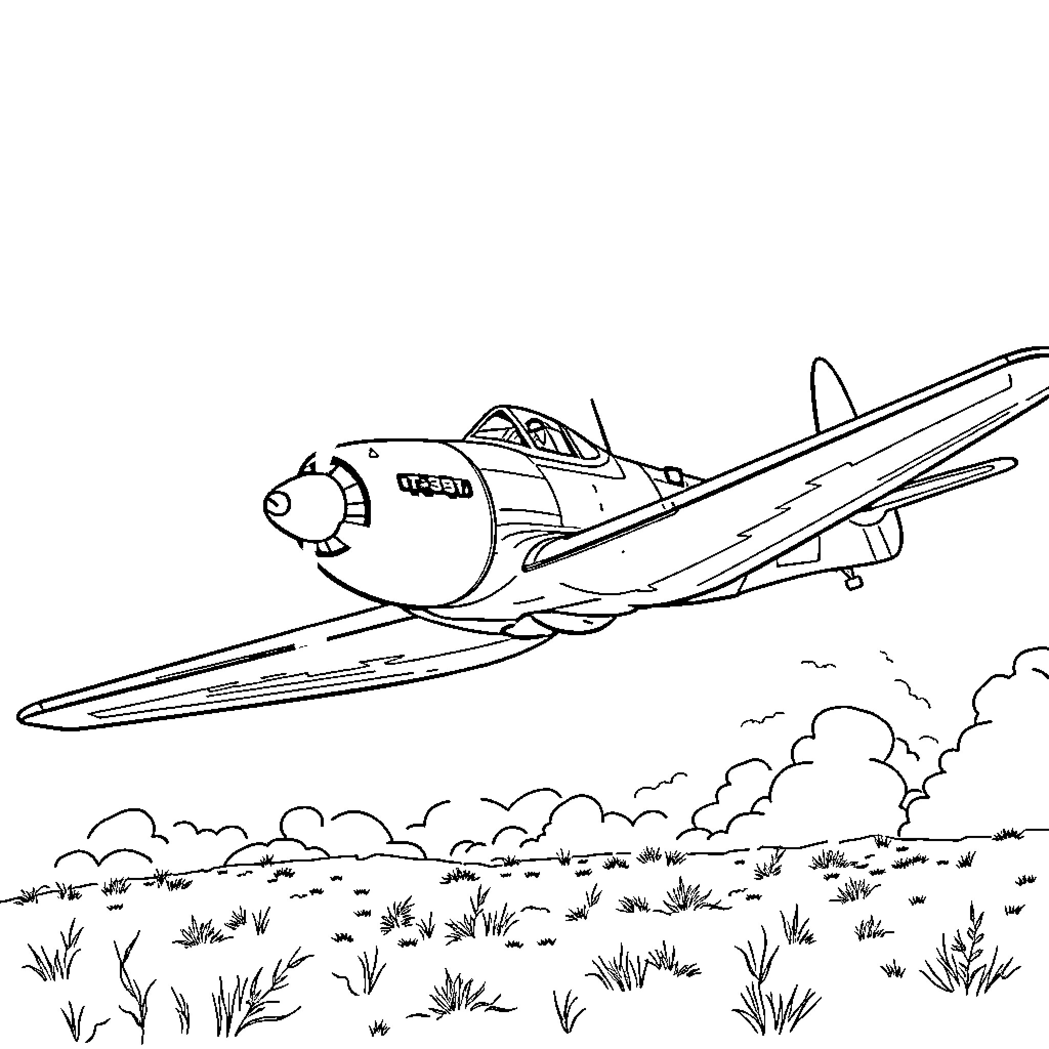 P47 Military Aircraft Flying Over Grassy Field Coloring Page (free black-and-white line drawing printable PDF for all, from beginners to advanced learners, including children, teens, adults, and seniors)