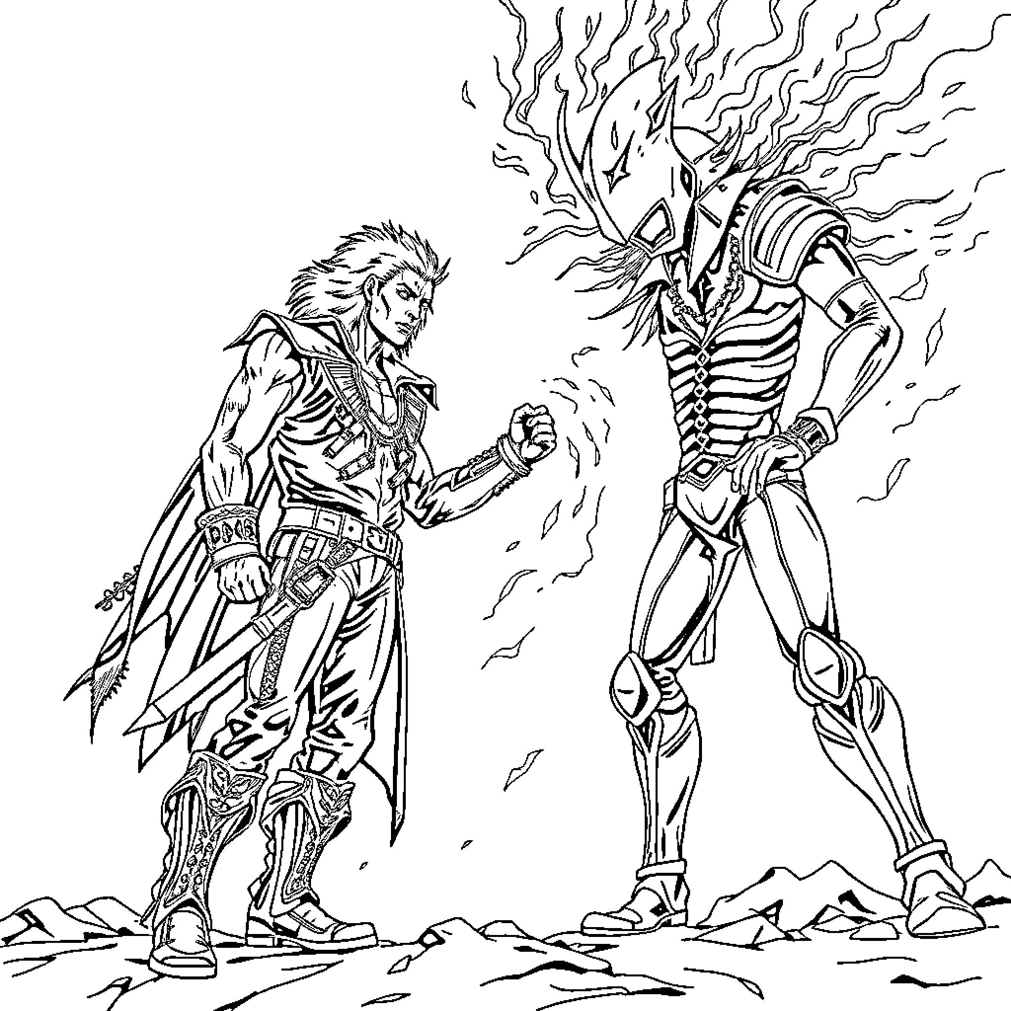 Jodio Joestar and Fierce Skeleton Warrior Clash Coloring Page (free black-and-white line drawing printable PDF for all, from beginners to advanced learners, including children, teens, adults, and seniors)