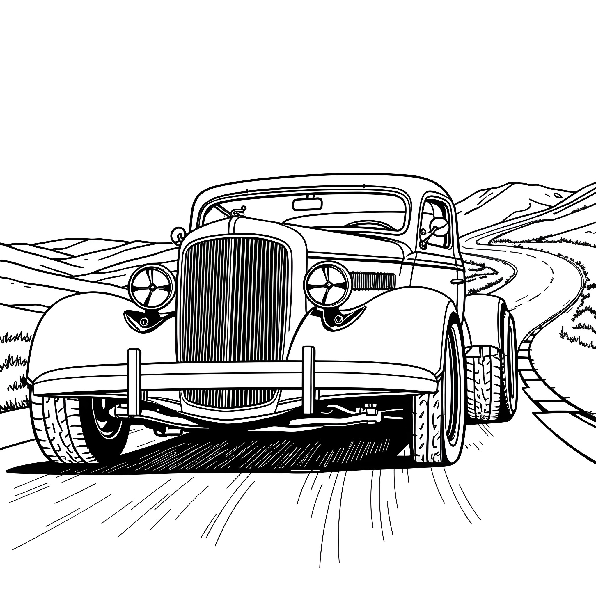 Hot Rod Vintage Car Racing Down Winding Road Coloring Page (free black-and-white line drawing printable PDF for all, from beginners to advanced learners, including children, teens, adults, and seniors)