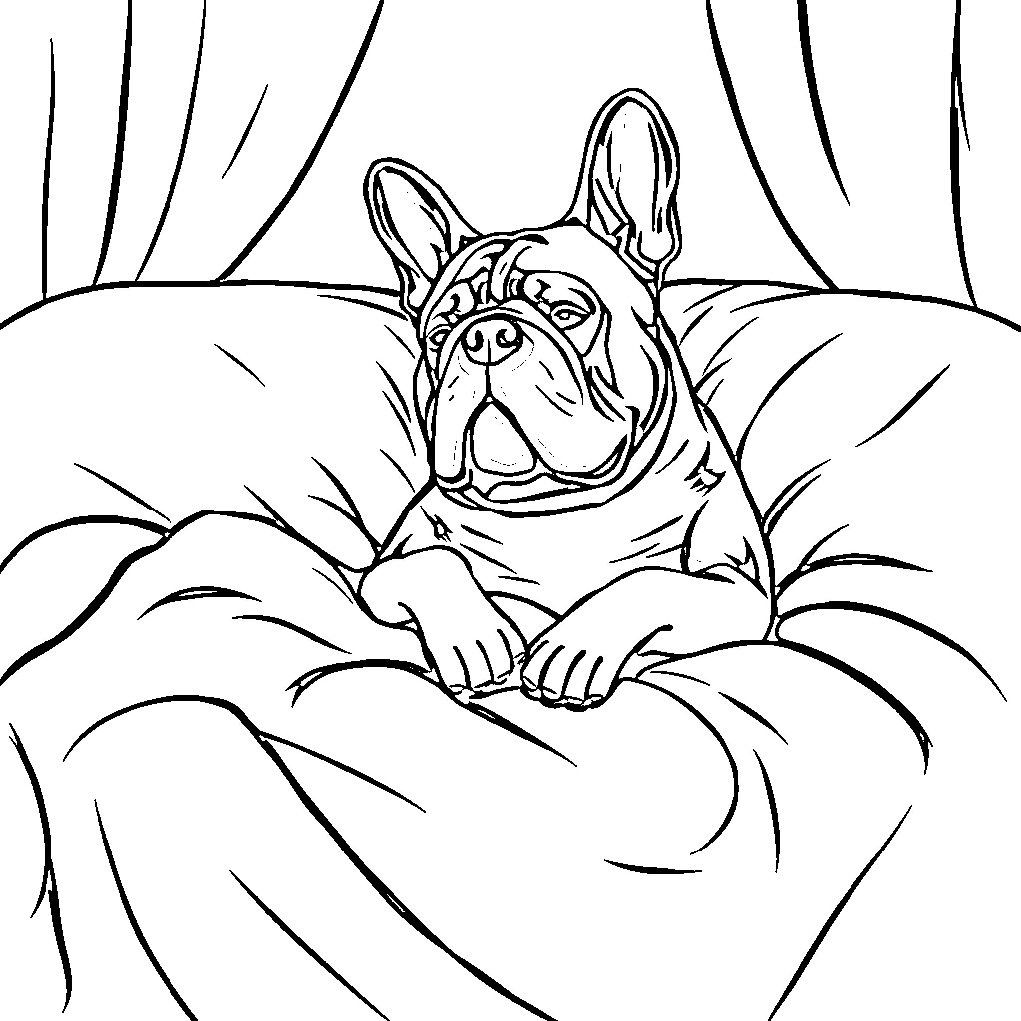French Bulldog resting in cozy bedding Coloring Page (free black-and-white line drawing printable PDF for all, from beginners to advanced learners, including children, teens, adults, and seniors)