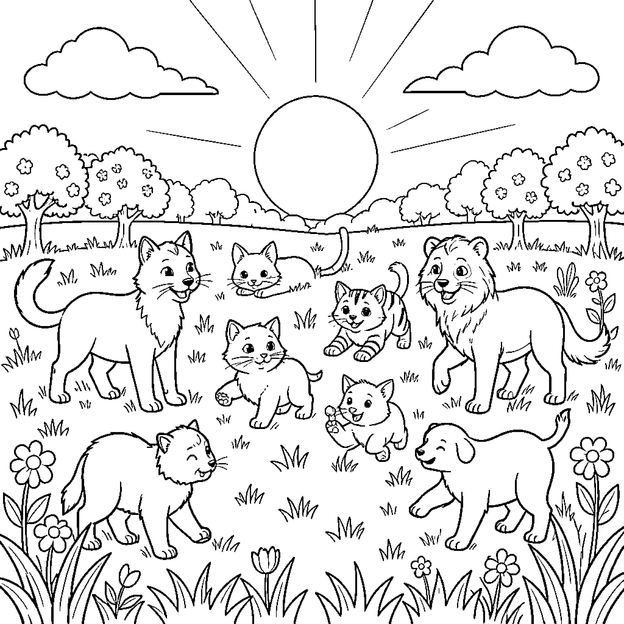 Animal friends in the sunny meadow Coloring Page (free black-and-white line drawing printable PDF for all, from beginners to advanced learners, including children, teens, adults, and seniors)