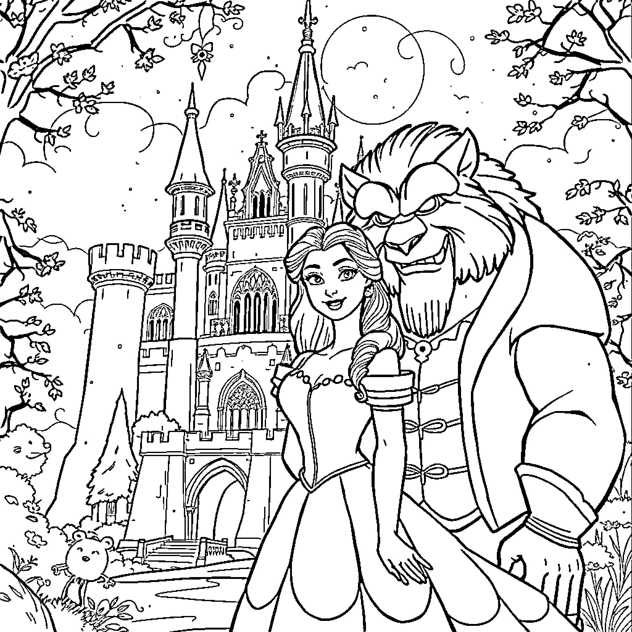 Beauty And The Beast: Enchanting Castle and Magical Encounter Coloring Page (free black-and-white line drawing printable PDF for all, from beginners to advanced learners, including children, teens, adults, and seniors)