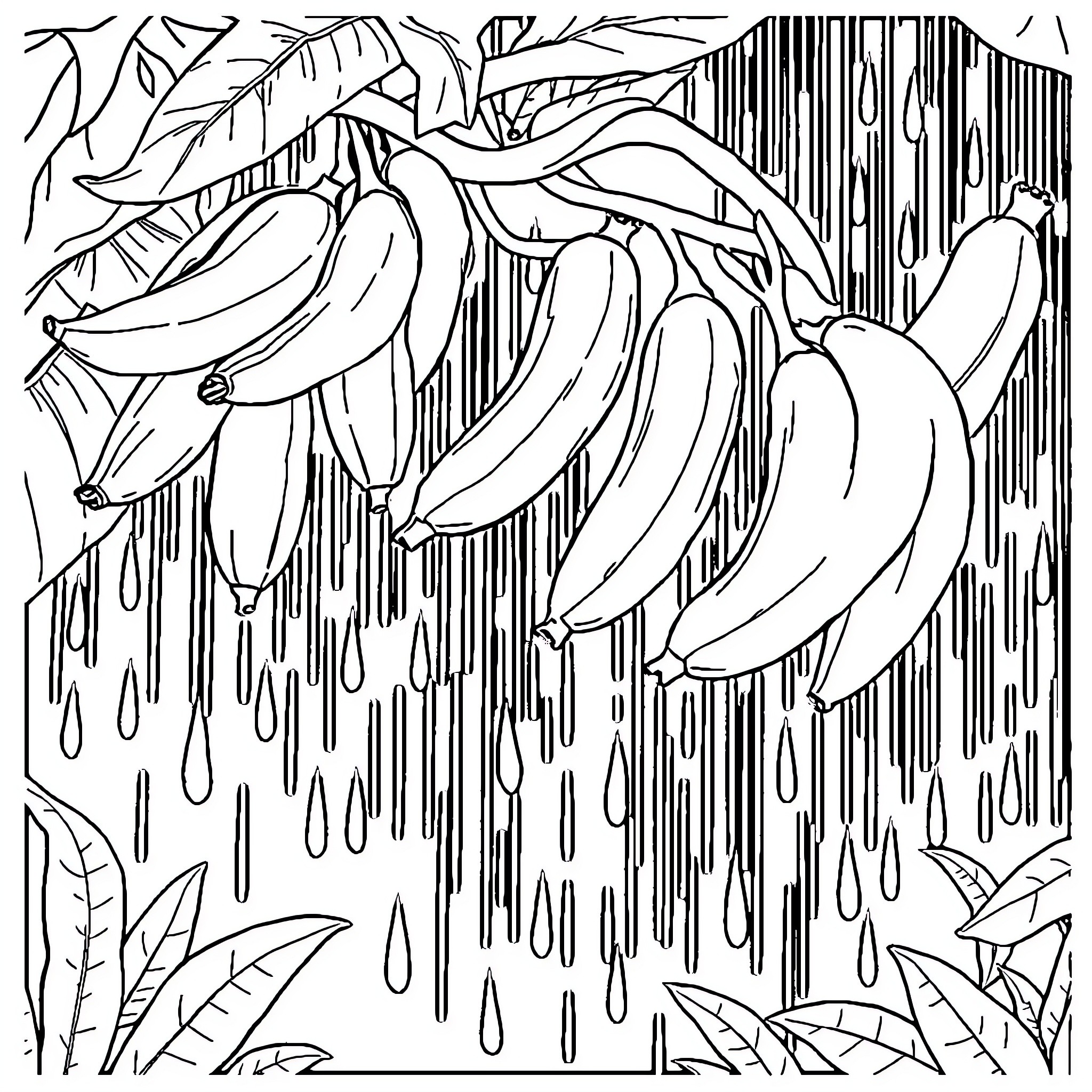 Banana Bunch in Tropical Rainforest Coloring Page (free black-and-white line drawing printable PDF for all, from beginners to advanced learners, including children, teens, adults, and seniors)