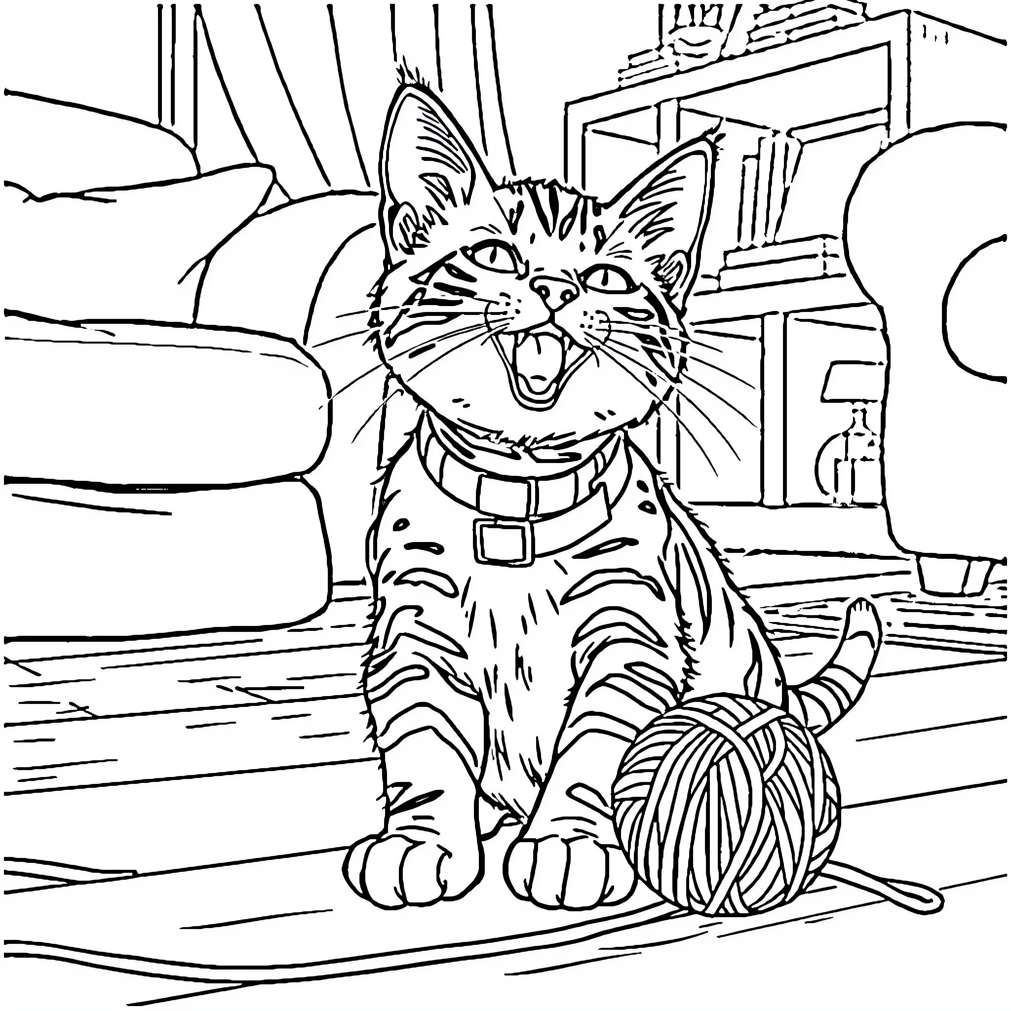 Bengal Cat in a Playful Scene Coloring Page (free black-and-white line drawing printable PDF for all, from beginners to advanced learners, including children, teens, adults, and seniors)