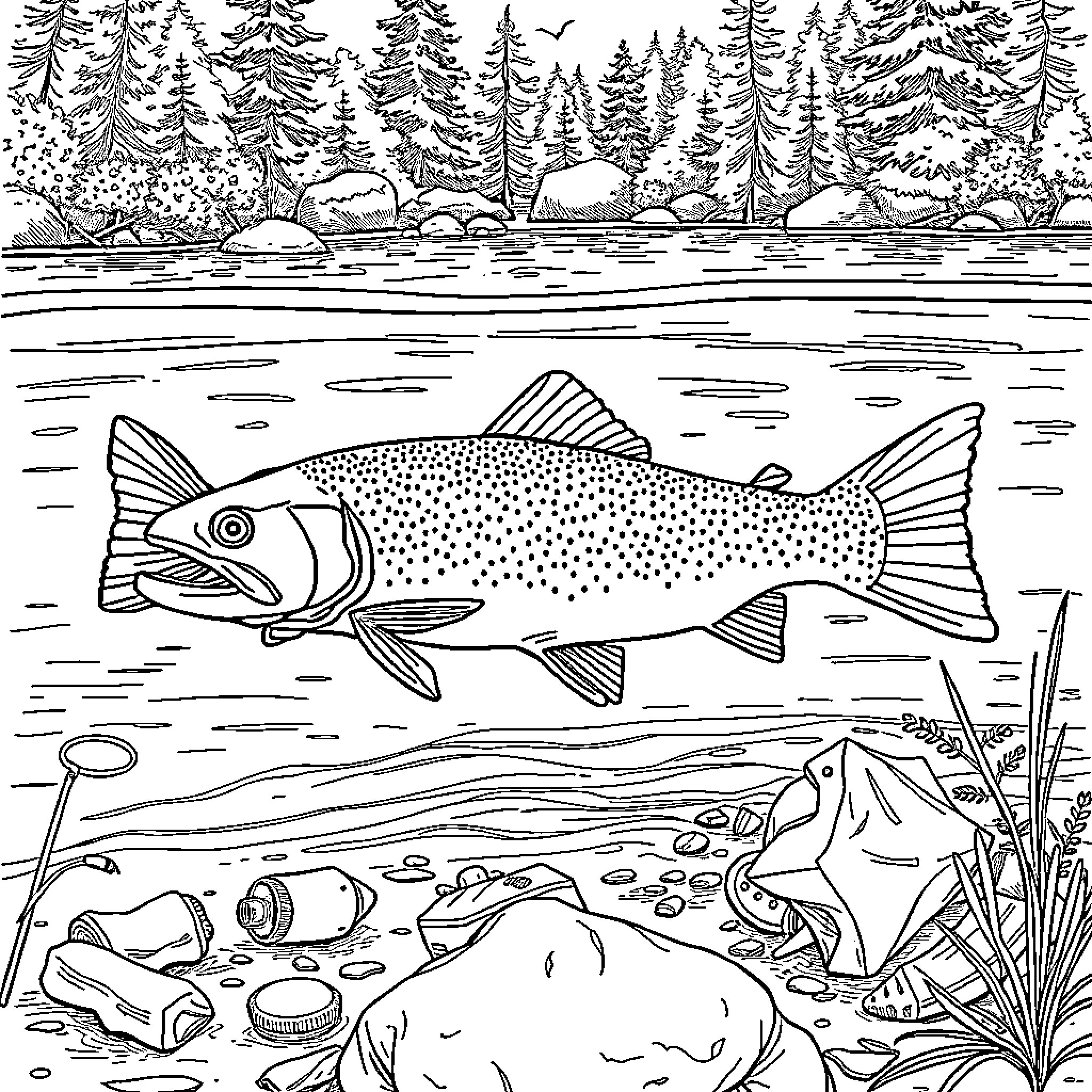 Trout swimming in a serene forest lake Coloring Page (free black-and-white line drawing printable PDF for all, from beginners to advanced learners, including children, teens, adults, and seniors)