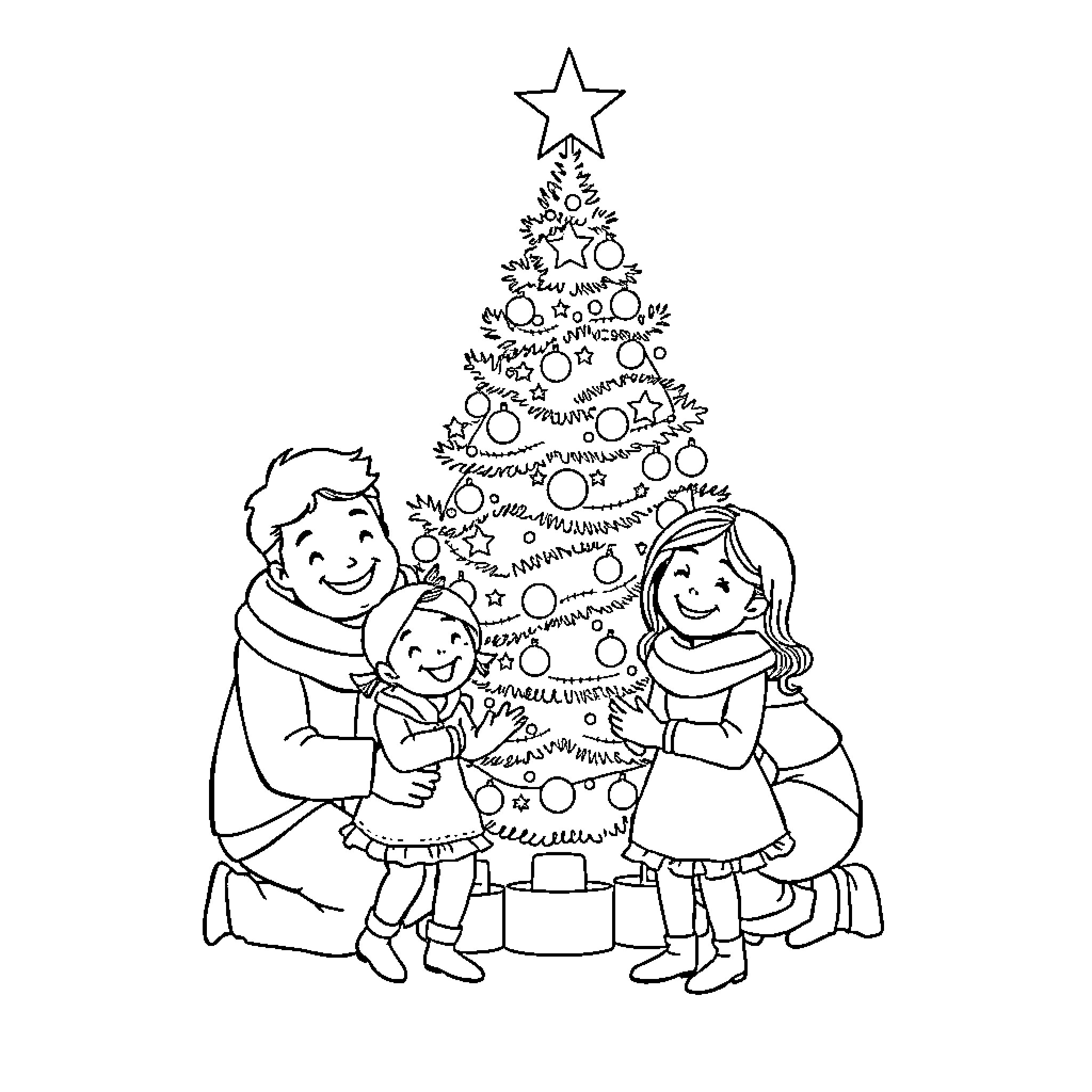 Family celebrating Christmas together with decorated tree Coloring Page (free black-and-white line drawing printable PDF for all, from beginners to advanced learners, including children, teens, adults, and seniors)