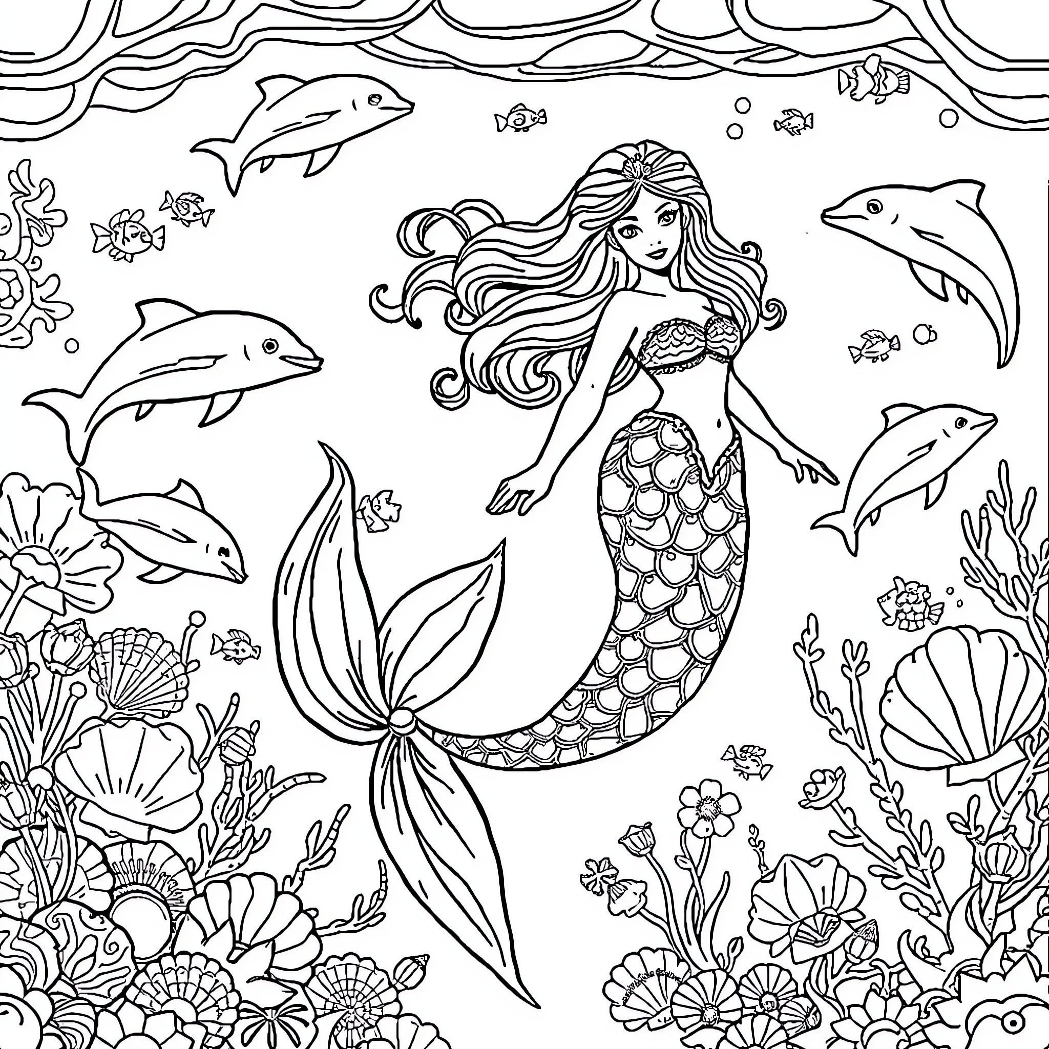 Mermaid Surrounded by Playful Dolphins and Marine Life Coloring Page (free black-and-white line drawing printable PDF for all, from beginners to advanced learners, including children, teens, adults, and seniors)