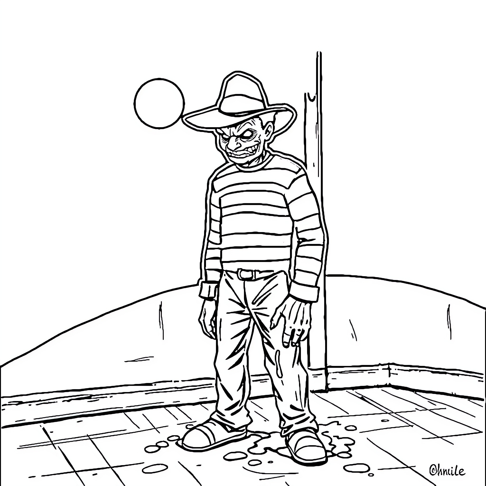 Freddy Krueger menacingly stalks in the dark Coloring Page (free black-and-white line drawing printable PDF for all, from beginners to advanced learners, including children, teens, adults, and seniors)