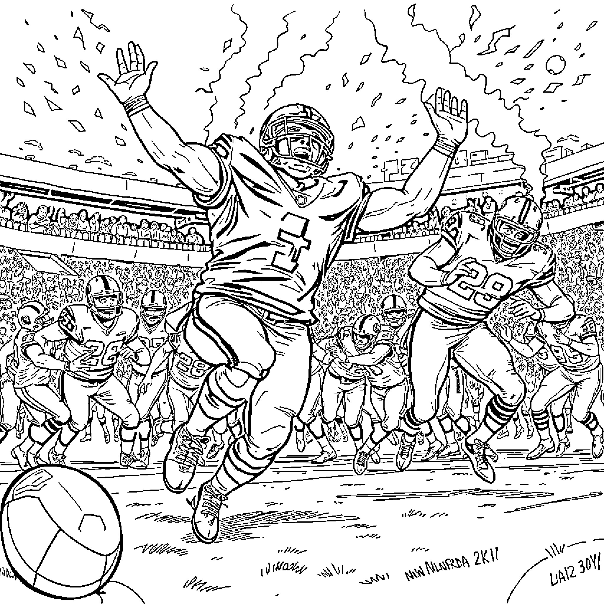Raider quarterback celebrates touchdown in intense football game Coloring Page (free black-and-white line drawing printable PDF for all, from beginners to advanced learners, including children, teens, adults, and seniors)
