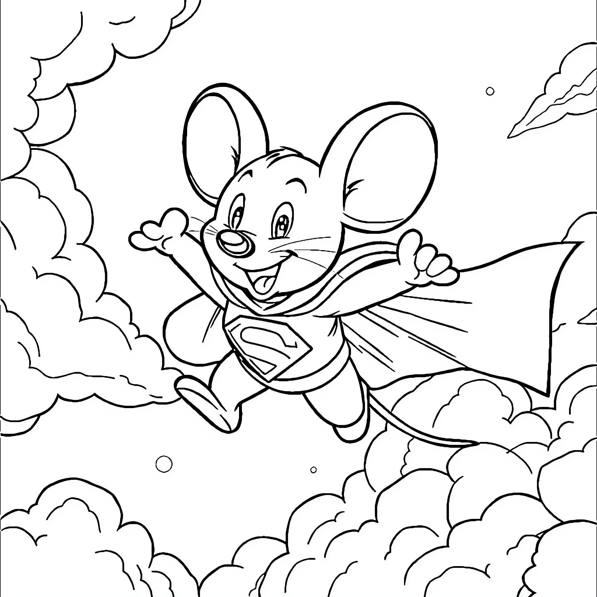 Mouse superhero soaring through the sky Coloring Page (free black-and-white line drawing printable PDF for all, from beginners to advanced learners, including children, teens, adults, and seniors)