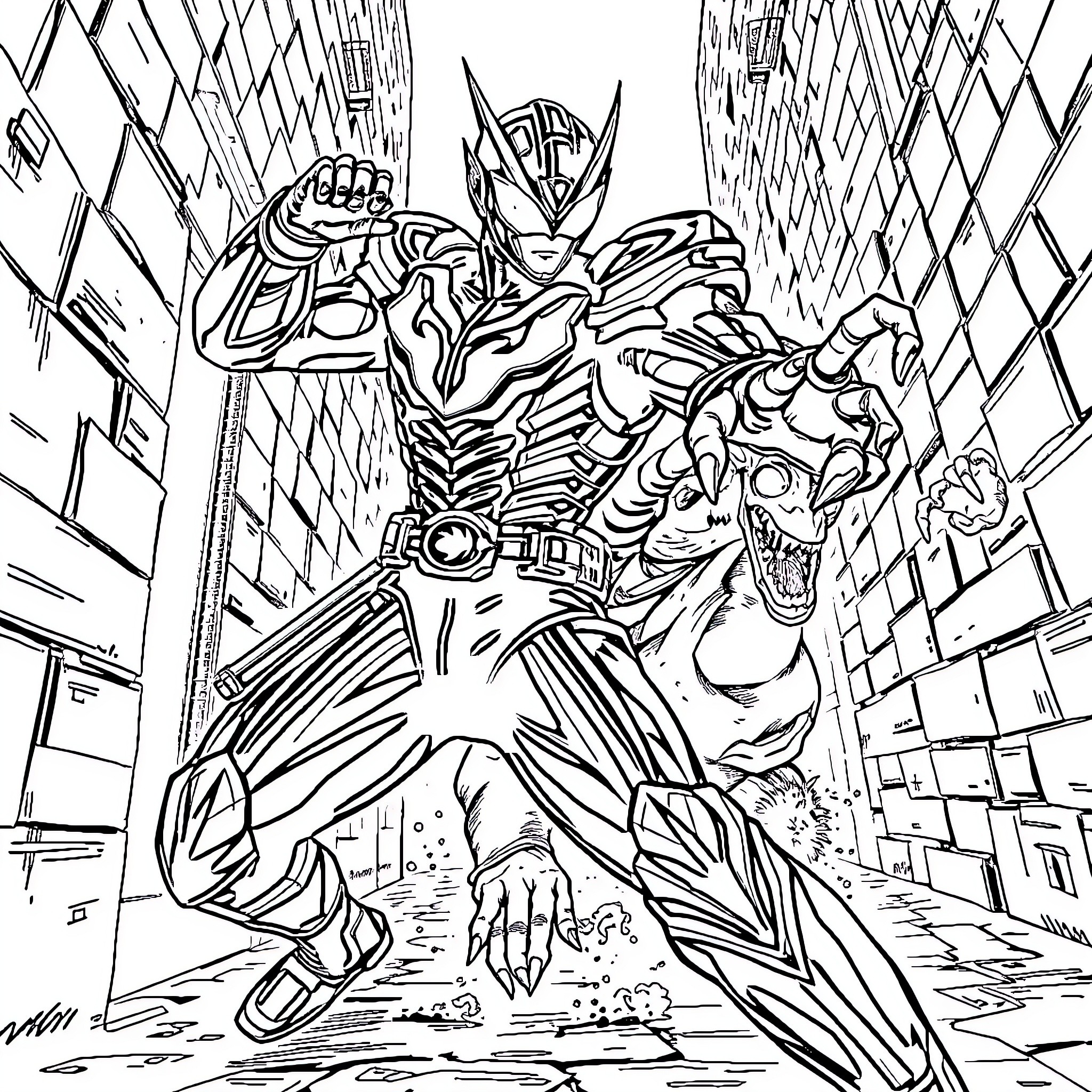 Kamen Rider's heroic action in the city Coloring Page (free black-and-white line drawing printable PDF for all, from beginners to advanced learners, including children, teens, adults, and seniors)