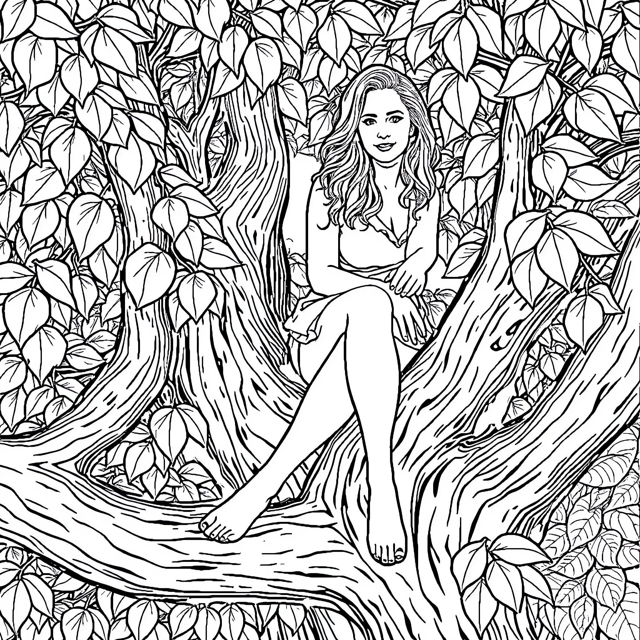 Jennifer Lawrence relaxing in the natural surroundings Coloring Page (free black-and-white line drawing printable PDF for all, from beginners to advanced learners, including children, teens, adults, and seniors)