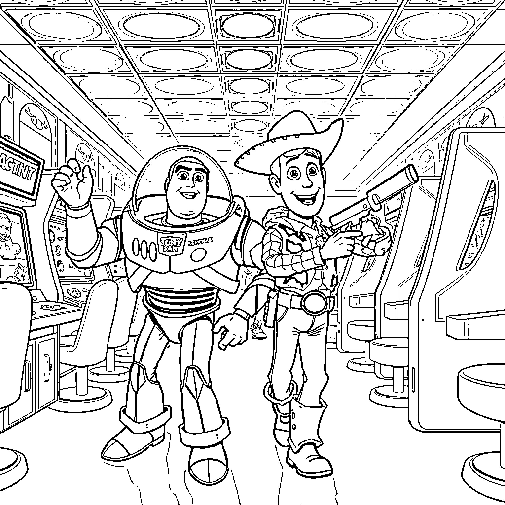 Buzz and Woody exploring the toy store adventure Coloring Page (free black-and-white line drawing printable PDF for all, from beginners to advanced learners, including children, teens, adults, and seniors)