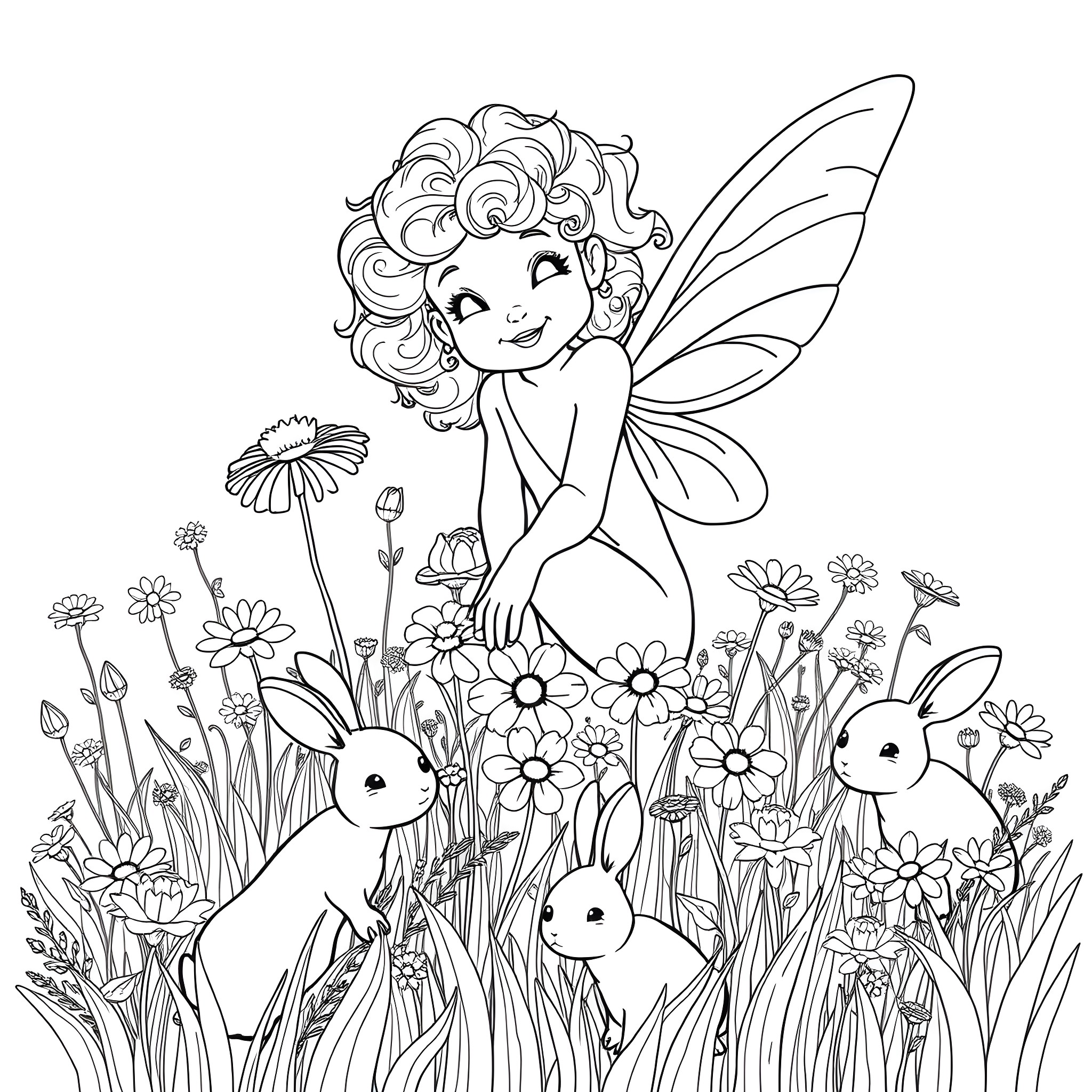 Fairy resting amidst whimsical floral garden Coloring Page (free black-and-white line drawing printable PDF for all, from beginners to advanced learners, including children, teens, adults, and seniors)
