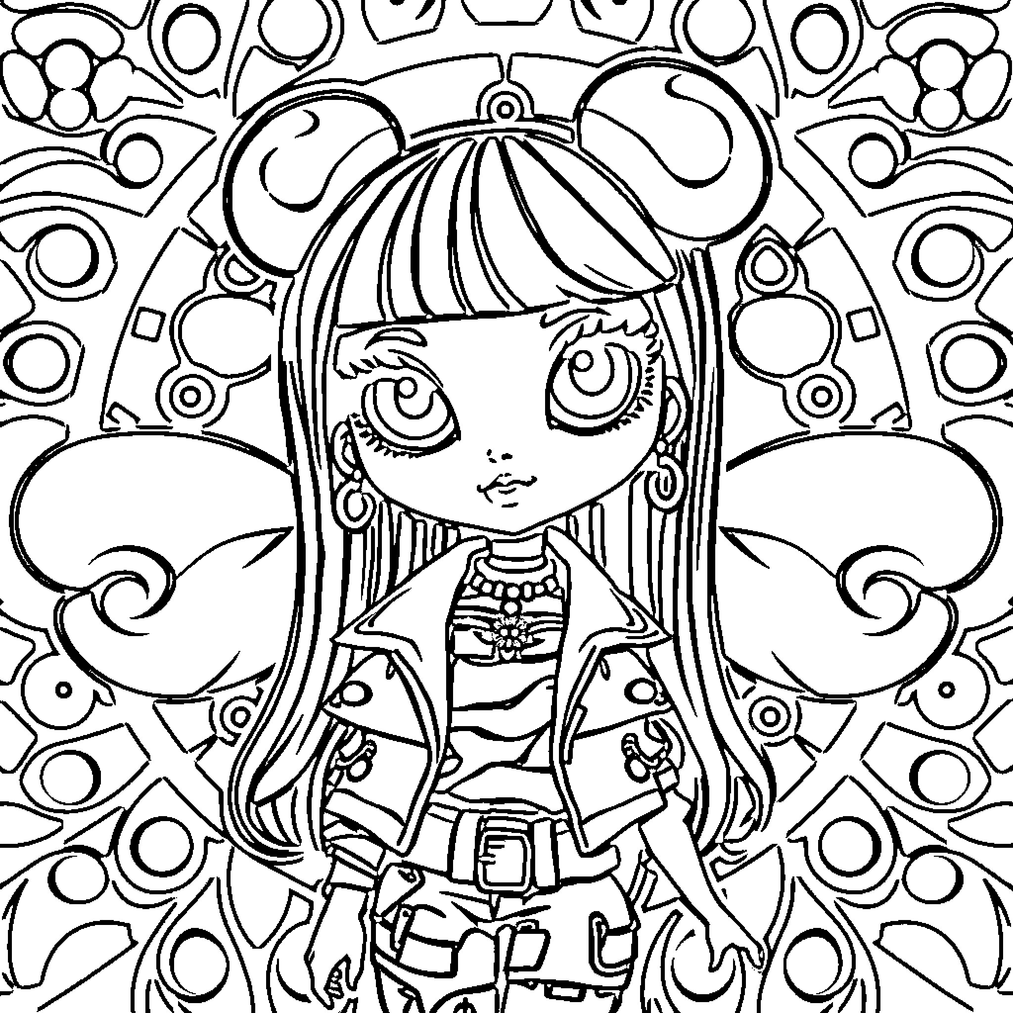 Bratz doll in a whimsical, playful scene Coloring Page (free black-and-white line drawing printable PDF for all, from beginners to advanced learners, including children, teens, adults, and seniors)