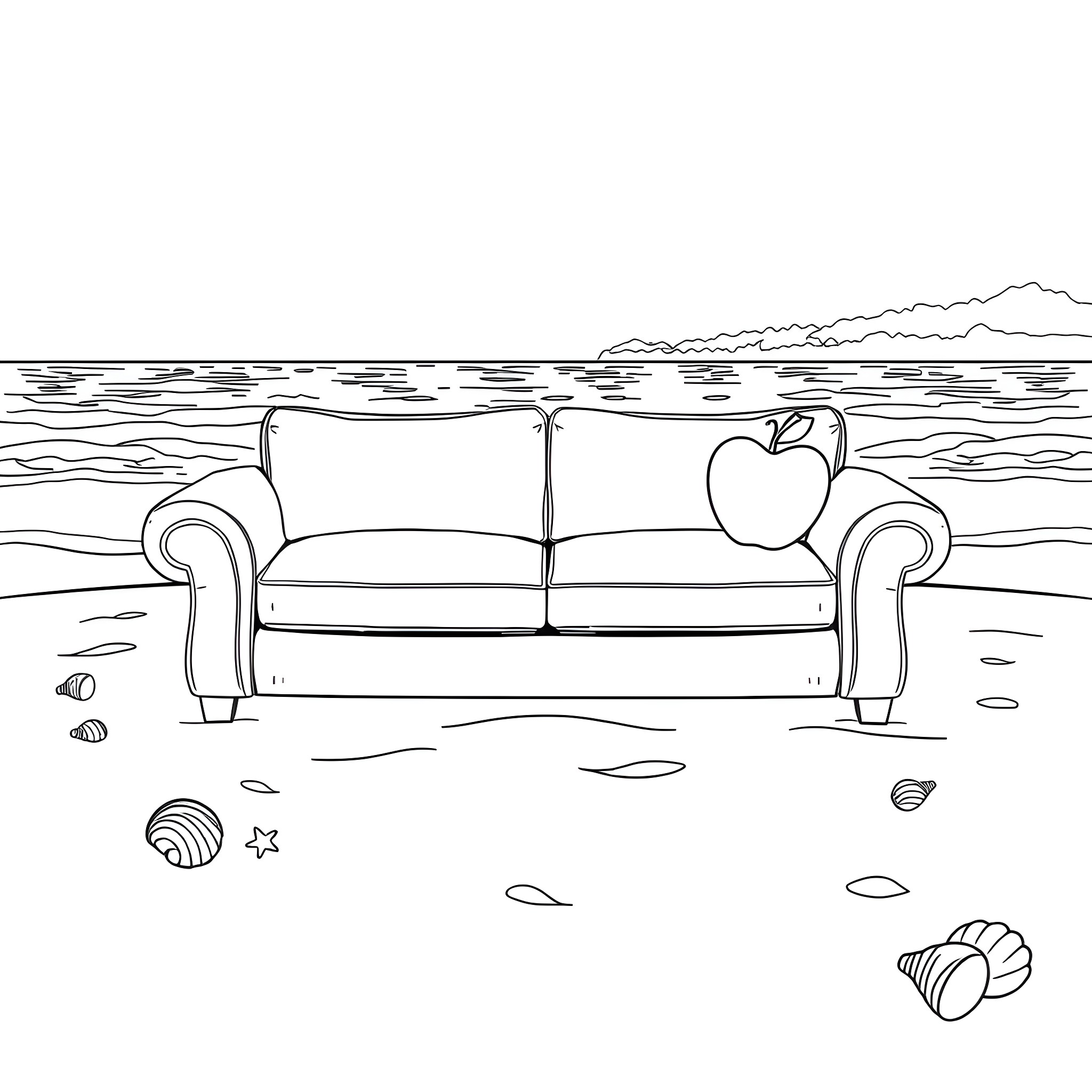 Couch on the Beach with Seashells Coloring Page (free black-and-white line drawing printable PDF for all, from beginners to advanced learners, including children, teens, adults, and seniors)