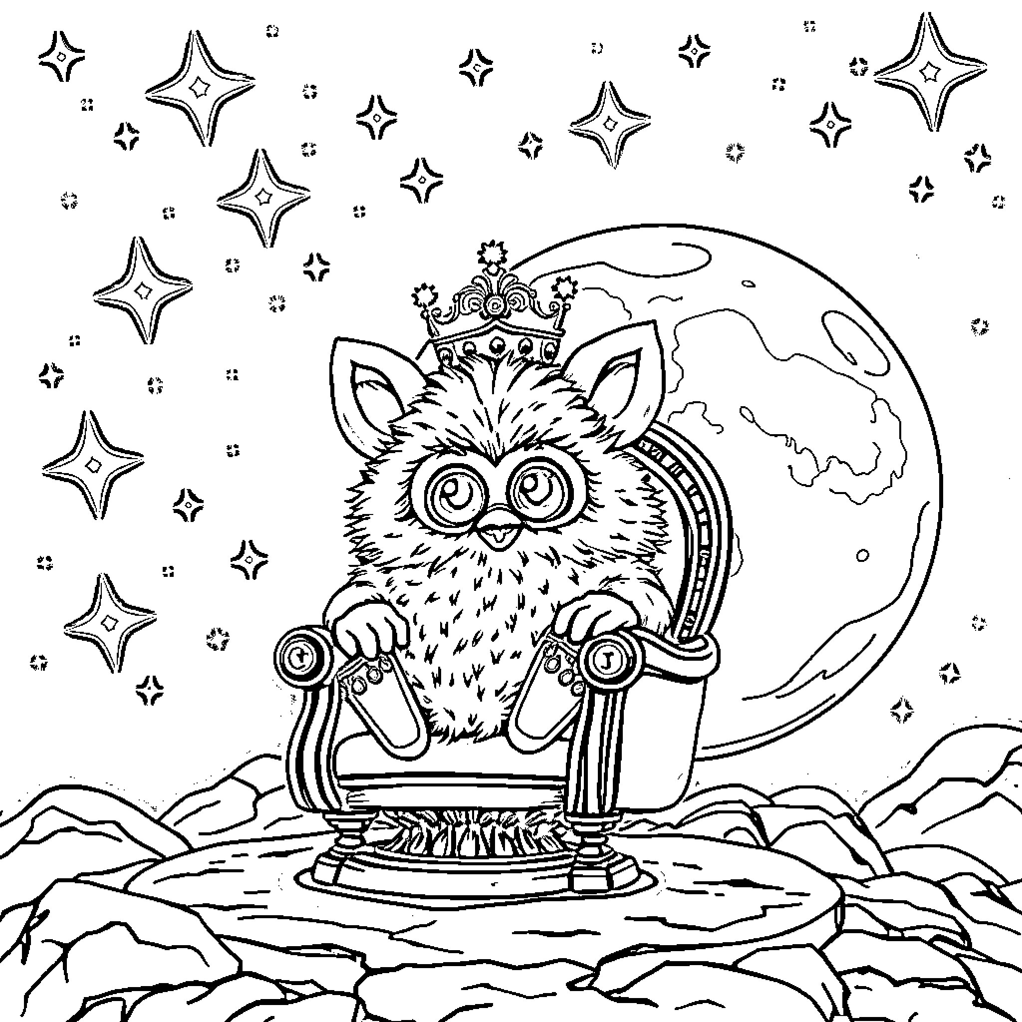 Furby on a Throne in the Starry Night Coloring Page (free black-and-white line drawing printable PDF for all, from beginners to advanced learners, including children, teens, adults, and seniors)