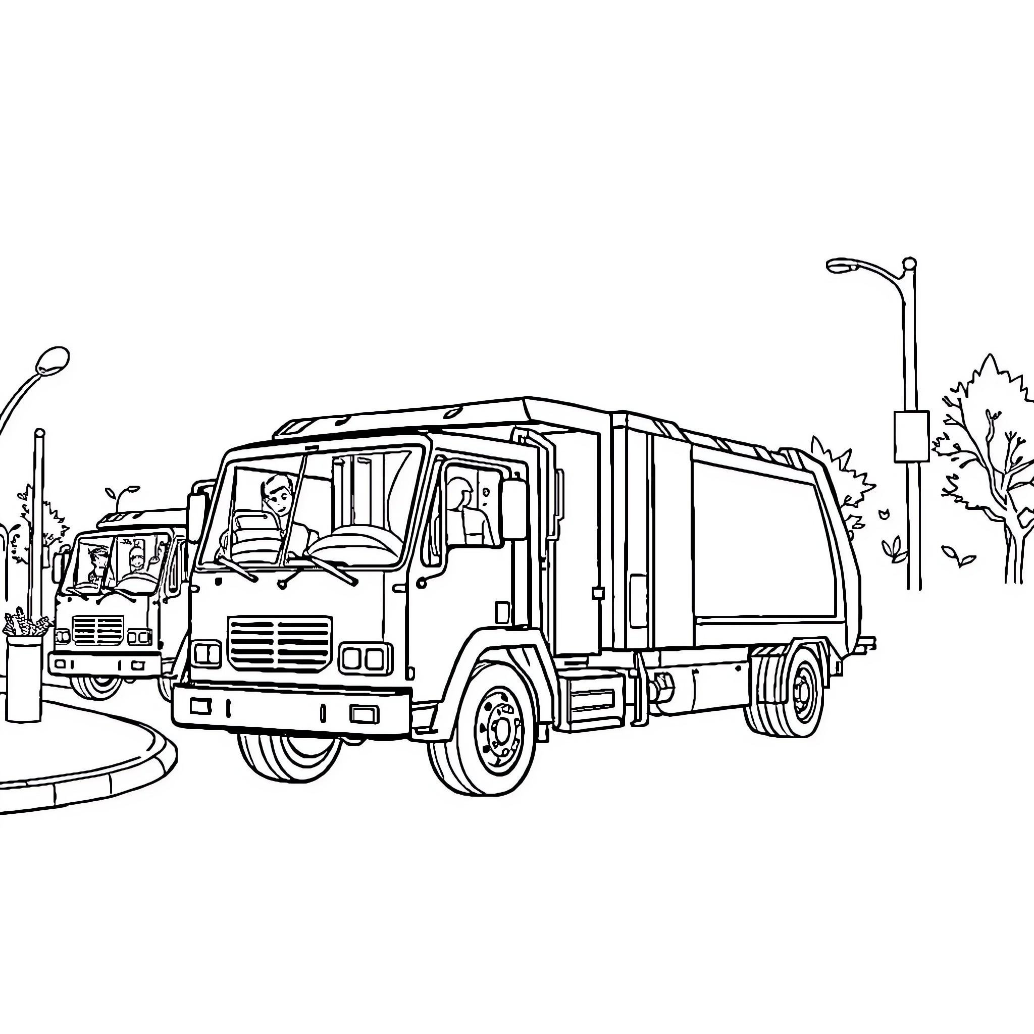 Trash Truck Collecting Waste on City Street Coloring Page (free black-and-white line drawing printable PDF for all, from beginners to advanced learners, including children, teens, adults, and seniors)
