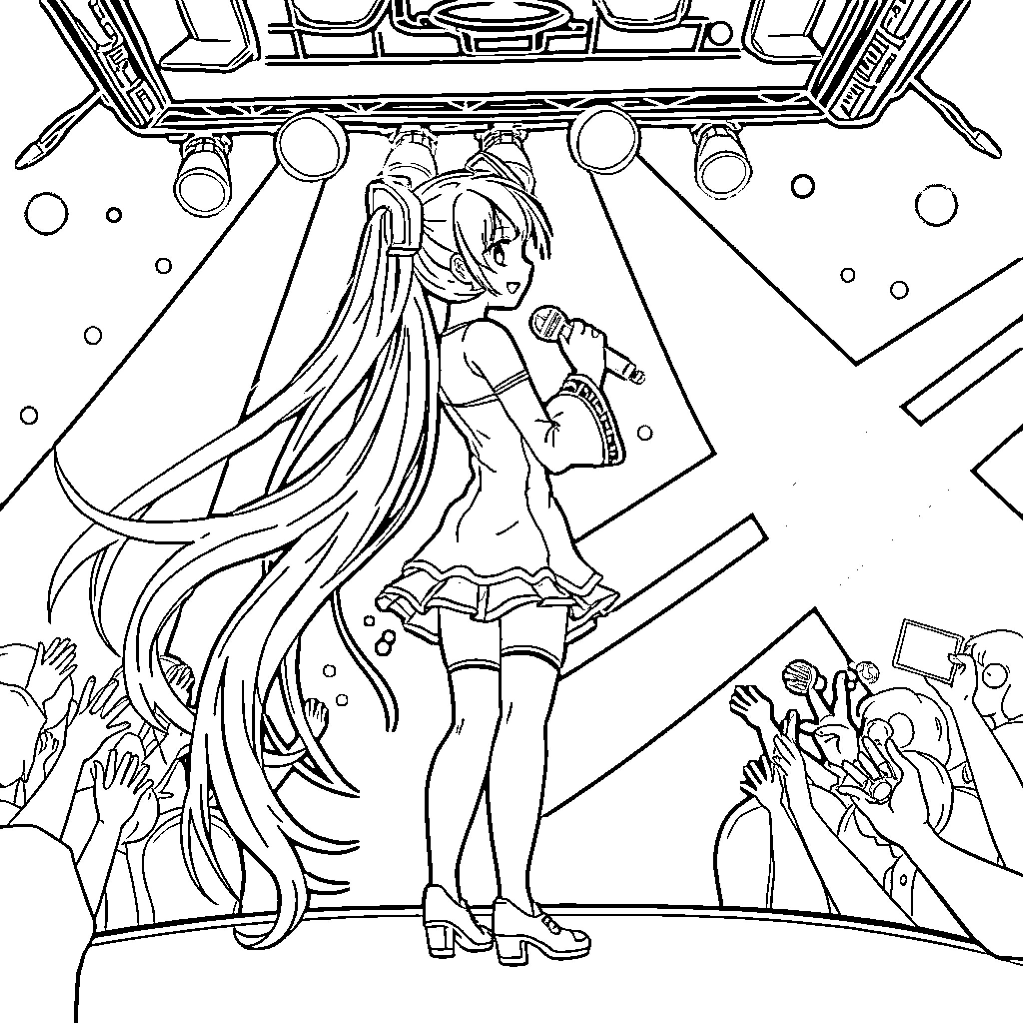 Hatsune Miku Performing on Stage Coloring Page (free black-and-white line drawing printable PDF for all, from beginners to advanced learners, including children, teens, adults, and seniors)