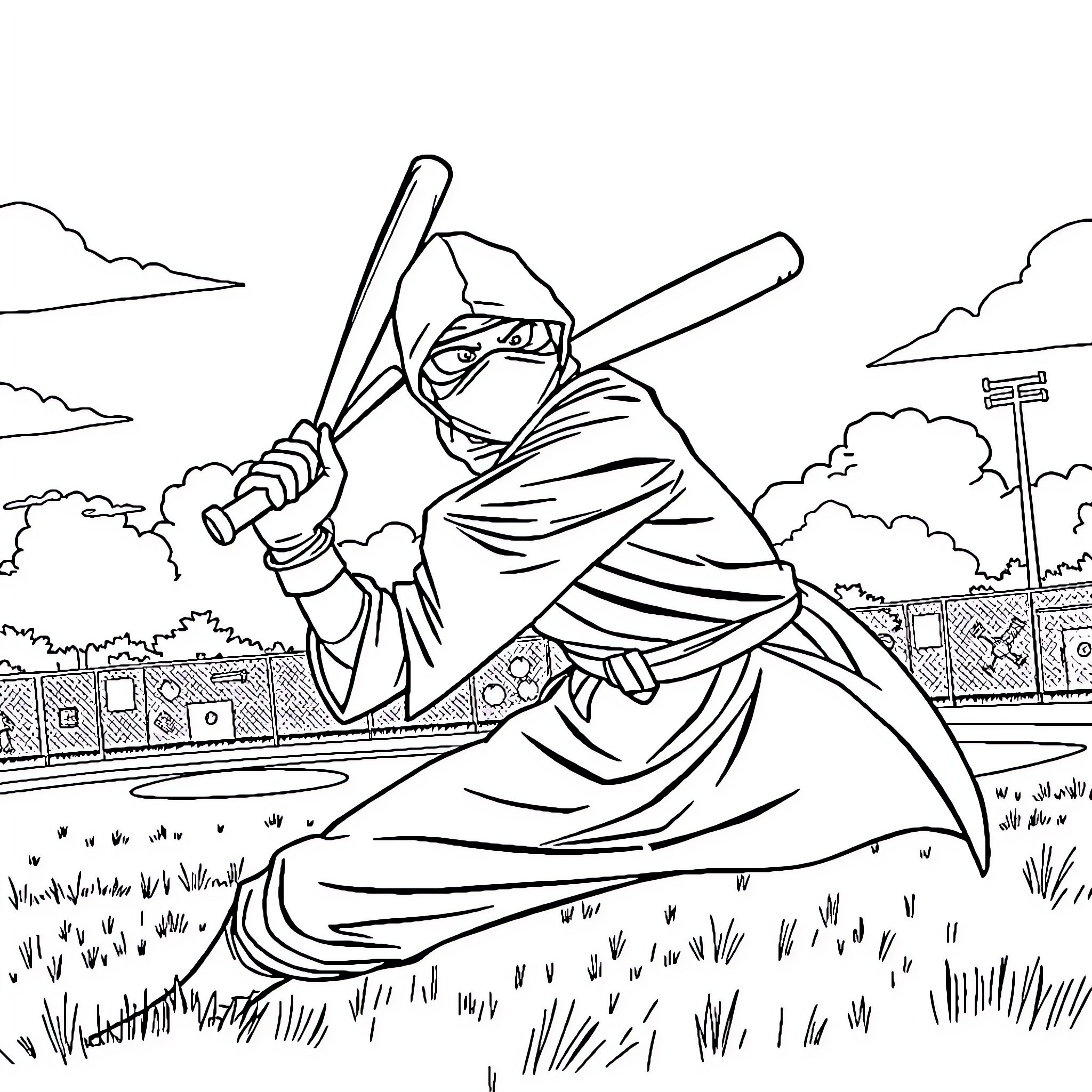 Ninja warrior wielding a sword on the battlefield Coloring Page (free black-and-white line drawing printable PDF for all, from beginners to advanced learners, including children, teens, adults, and seniors)
