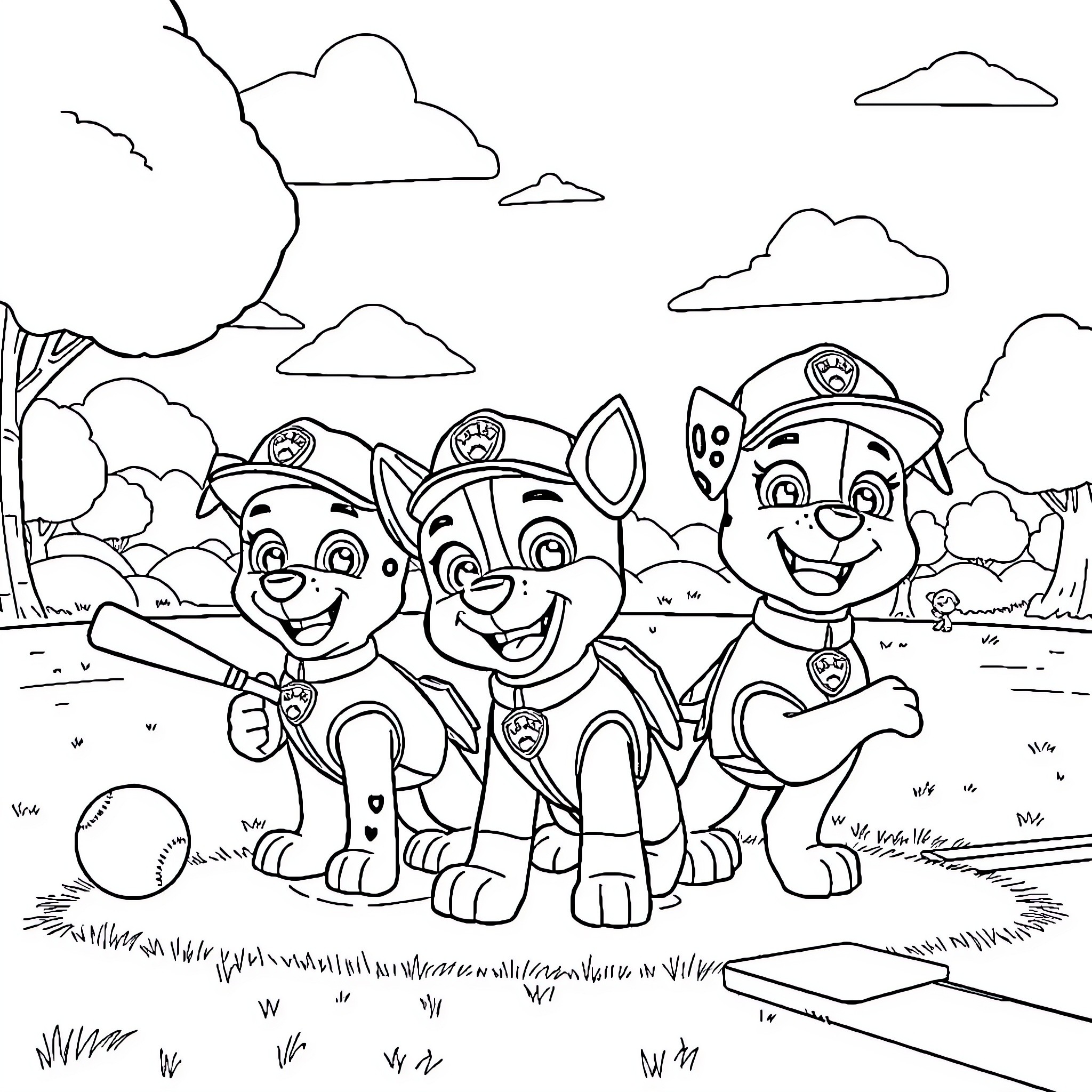 Paw Patrol puppies playing outdoors in uniform Coloring Page (free black-and-white line drawing printable PDF for all, from beginners to advanced learners, including children, teens, adults, and seniors)